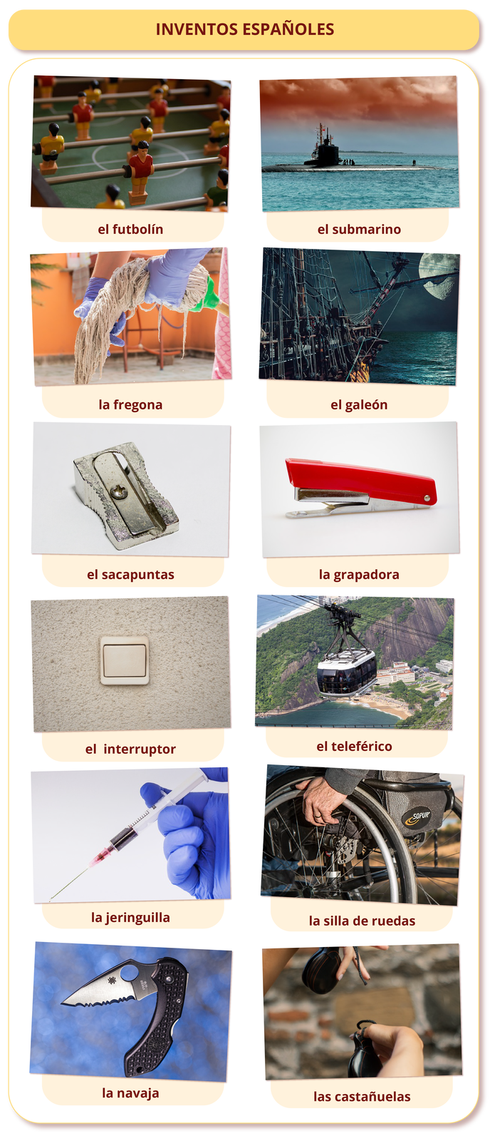 Grafika z hiszpańskim słownictwem. Tytuł INVENTOS ESPAÑOLES. Poniżej znajduje się dwanaście zdjęć z podpisami. 
Zdjęcie piłkarzyków. Podpis el futbolín.
Zdjęcie łodzi podwodnej na morzu. Podpis el submarino.
Zdjęcie mopa. Podpis la fregona.
Zdjęcie dużego statku na morzu. Podpis el galeón.
Zdjęcie temperówki. Podpis el sacapuntas.
Zdjęcie zszywacza. Podpis la grapadora.
Zdjęcie włącznika światła. Podpis el  interruptor.
Zdjęcie kolejki linowej. Podpis el teleférico.
Zdjęcie strzykawki. Podpis la jeringuilla.
Zdjęcie wózka inwalidzkiego. Podpis la silla de ruedas.
Zdjęcie noża. Podpis la navaja.
Zdjęcie kastanietów. Podpis las castañuelas.