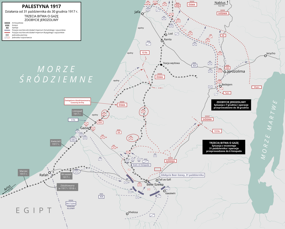 Mapa przedstawia Palestynę 1917. Działania od 31 października do 30 grudnia 1917 roku. Trzecia bitwa o gazę zdobycie Jerozolimy.  sytuacja z wczesnego 31 października i operacje przeprowadzone do 6 listopada. Większe miasta: Jerozolima, Gaza, Betlejem, Beer- Szewa. 