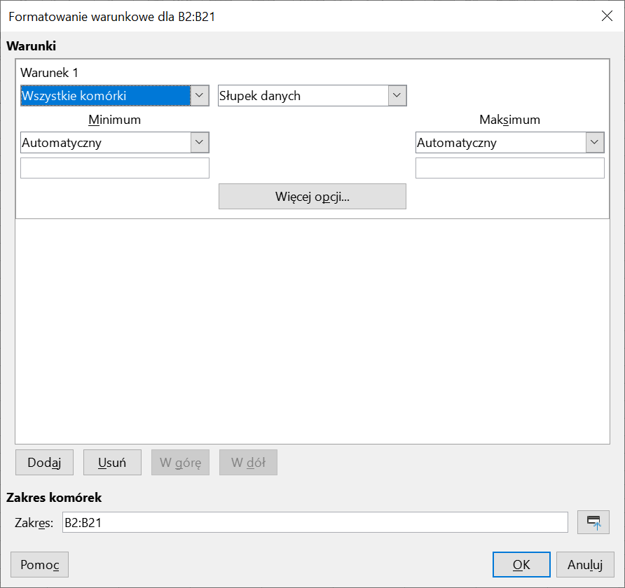 Ilustracja przedstawia okno dialogowe z opcją Formatowania warunkowego dla B2:B21. Warunki. Warunek 1. Ustawiono opcje: Wszystkie komórki, Słupek danych. Opcja Minimum: Automatyczny. Opcja Maksimum: Automatyczny. Poniżej znajdują się przyciski: Więcej opcji, Dodaj, Usuń, W górę i W dół. Zakres komórek: B2:B21. Poniżej przyciski: Pomoc, Ok, Anuluj.  