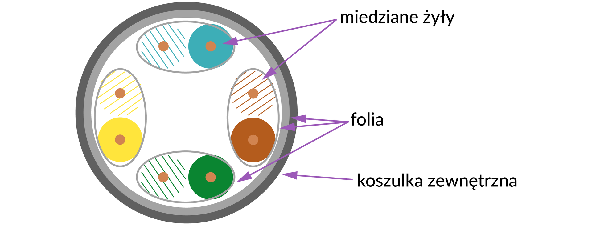 Ilustracja przedstawia budowę skrętki F/FTP.  Wewnątrz okręgu oznaczonego jako: Koszulka zewnętrzna, znajduje się szary okrąg oznaczony jako: folia.  Następnie wewnątrz folii  znajdują się różnokolorowe okręgi oznaczone jako: miedziane żyły.  Żyły te podzielono na cztery pary, które także otoczone są folią.