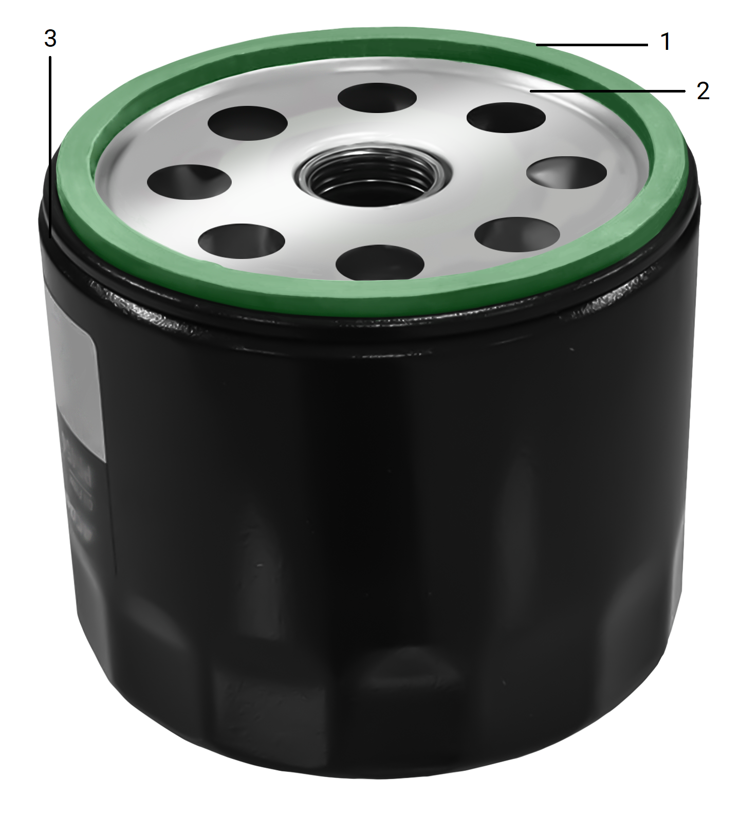 Ilustracja przedstawia filtr oleju o walcowatym kształcie z jednym środkowym większym otworem oraz mniejszymi wokół.