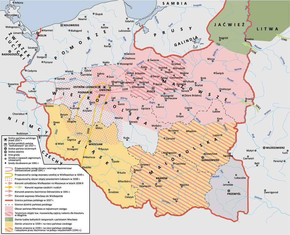 Mapa przedstawia Polskę w jedenastym wieku. Stolicami Polski przed 1037 rokiem było Gniezno, Poznań i Ostrów Lednicki. W 1037 roku Polska obejmowała obszar Śląska, Wielkopolski, Pomorza, Pomorza Gdańskiego, Mazowsza, i Małopolski.  Państwo Miecława obejmowało obszar Mazowsza i północno wschodniej Wielkopolski. Północno centralny obszar Mazowsza został objęty tak zwaną mazowiecką częścią nadania  dla klasztoru w Mogilnie. Jaćwież i Litwę zajmowały ludy bałtyckie związane z państwem Miecława. W 1039 roku Śląsk i Małopolska zostały utracone na rzecz państwa Czeskiego. W 1041 roku na mocy pokoju ratyzbońskiego Kazimierz pierwszy odzyskał Małopolskę z rąk Czechów i przyłączył ją do Polski. Od 1038 do 1039 roku Wielkopolanie uchodzili Wielkopolski do Mazowsza. W 1038 roku obszary Centralnej i południowej wielkopolski jak i północnego Śląska były objęte powstaniem ludowym. W 1039 roku Czesi zaatakowali Polskę przeszli przez Śląsk i dotarli, aż do Giecza na południe od Gniezna. Rusini w 1038 roku zaatakowali Jaćwież, w 1040 Litwę, a w 1041 Polskę w okolicach Brześcia. W 1039 roku Miecław wyruszył do Wielkopolski.