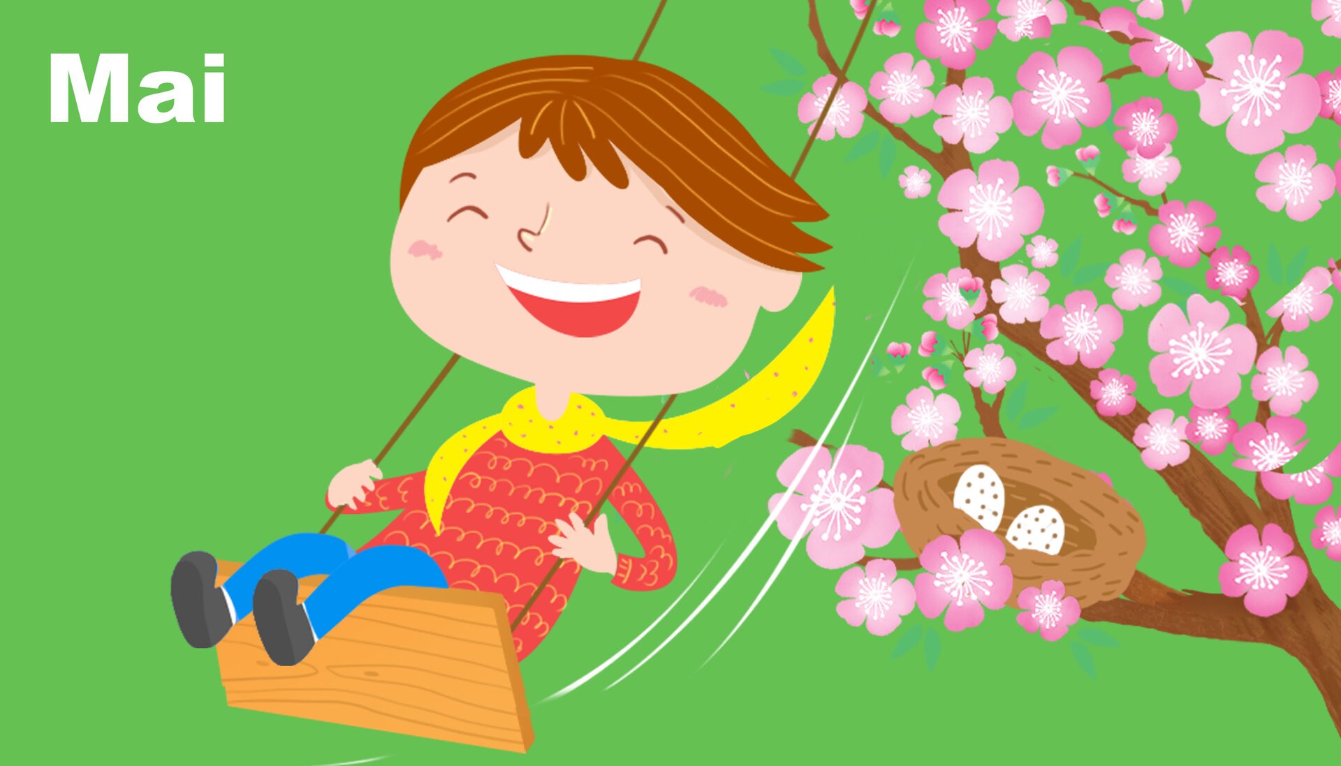 Na ilustracji znajduje się dziecko na huśtawce. Na drzewie kwitnące kwiaty w gnieździe jajka ptaków.