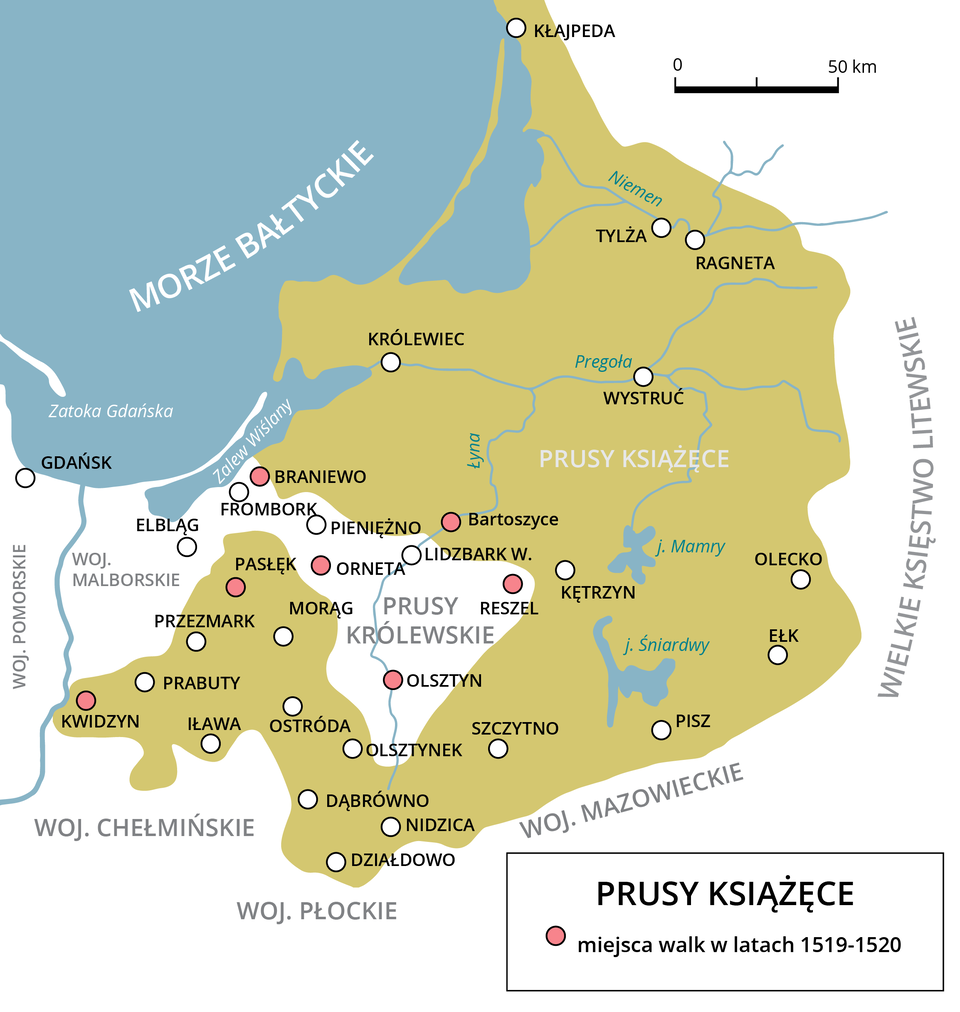 Ilustracja przedstawia mapę Prus w 1525 roku. Na mapie przedstawieni zostali sąsiedzi Prus, główne miasta oraz rzeki i Morze Bałtyckie. Granice Rzeczypospolitej wyznaczają takie miasta jak: Tylża, Regenta, Olecko, Ełk, Pisz, Szczytno, Działdowo, Dąbrówka, Iława, Kwidzyn, Elbląg.