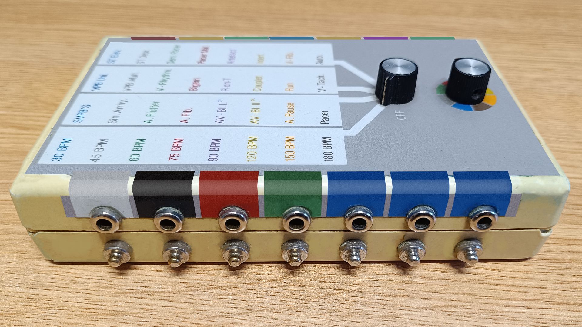 Zdjęcie przedstawia symulator elektrokardiografu, w skrócie EKG w perspektywie od lewego boku. Na obudowie znajdują się dwa pokrętła oraz cztery kolumny z oznaczeniami programów urządzenia. Na bocznej ścianie znajdują się oznaczone różnymi kolorami gniazda wyjściowe sygnału do podłączenia kabli EKG.