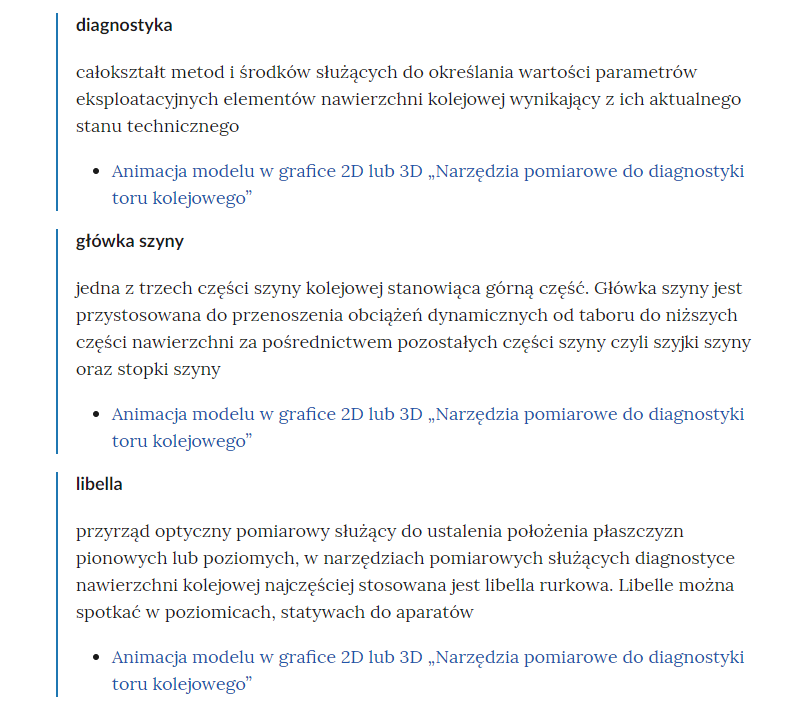 Zrzut ekranu przedstawia kilka pojęć ze Słownika. Konstrukcja jest następująca: pojęcie, poniżej jego wyjaśnienie, a pod nim znajduje się link, po którego kliknięciu użytkownik przenosi się do rozdziału w tym materiale, w którym dane pojęcie jest wykorzystywane. Linków może być jeden lub kilka, w zależności od tego, w ilu rozdziałach użyto pojęcia.