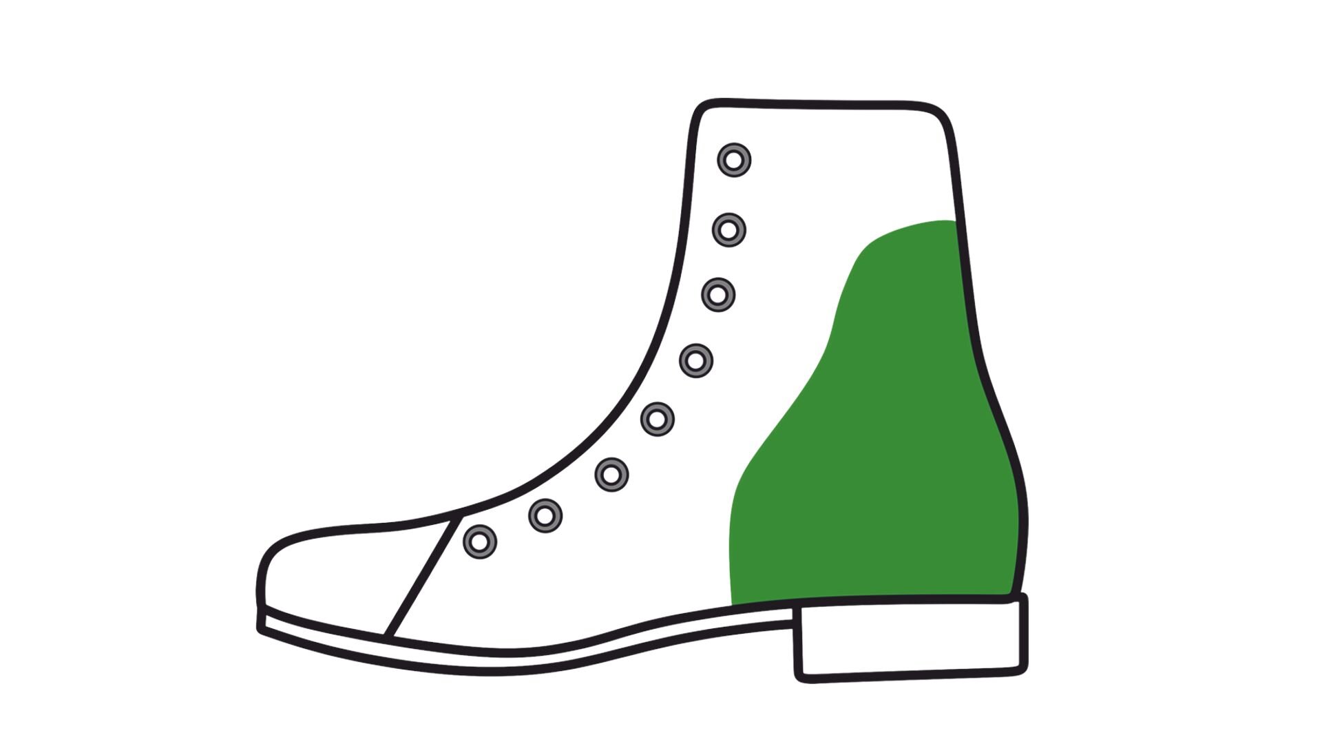 Grafika przedstawia but z wysoką cholewką i niskim obcasem oraz zaznaczoną zakładką, wydłużoną o wysokości wkładki wyrównującej skrócenie.