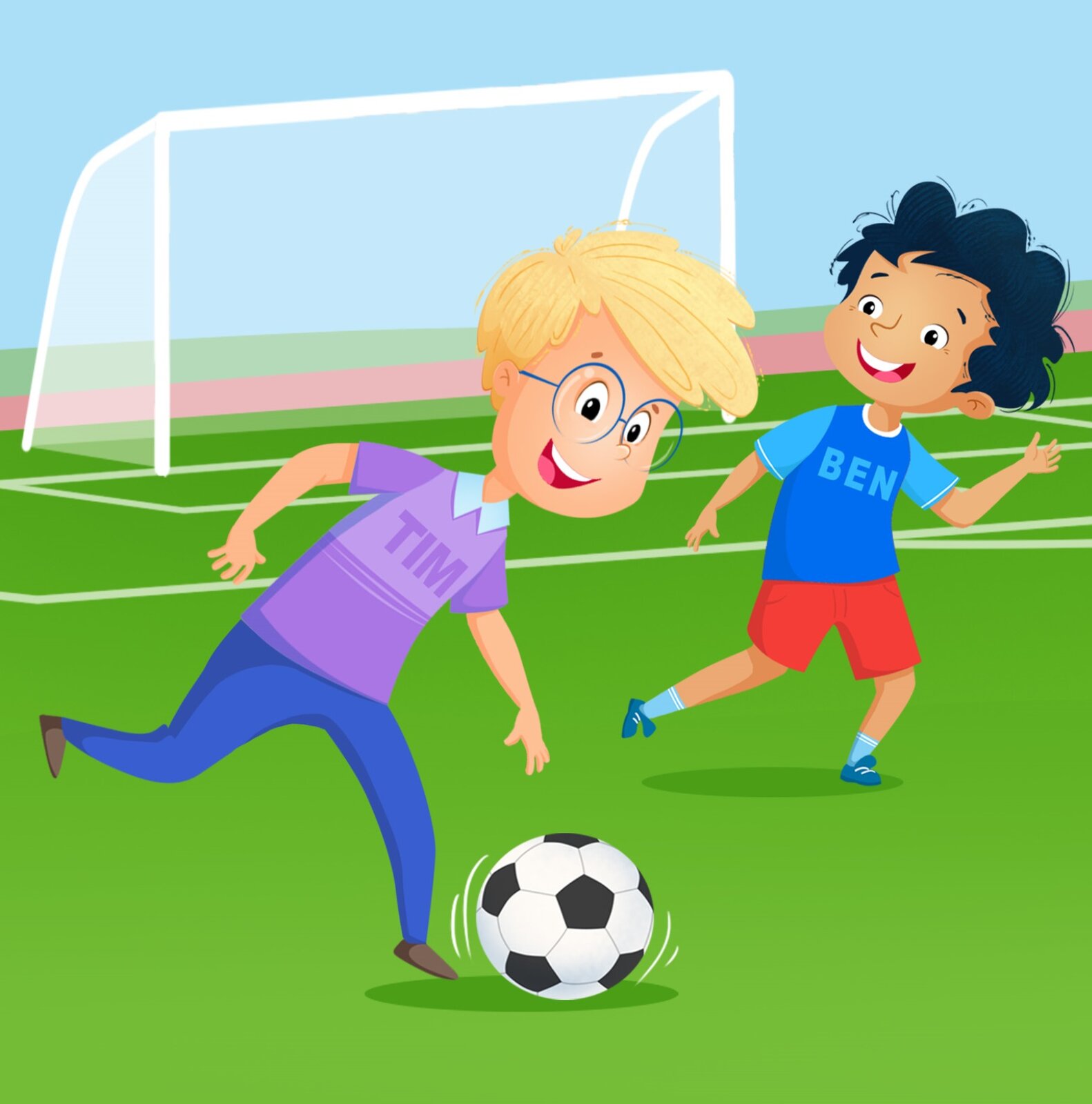 Ilustracja przedstawia Tima i Bena grających w piłkę na boisku.