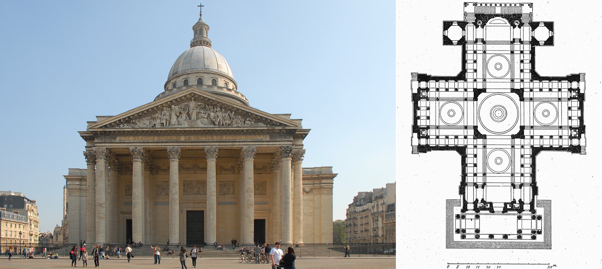 Ilustracja przedstawia kolaż złożony z dwóch z fotografii i planu kościoła. Fotografia prezentuje budynek kościoła, składający się z kolumn, które przechodzą w tympanon z płaskorzeźbą. Tympanon zawiera napis: AUX GRANDS HOMMES LA PATRIE RECONNAISSANTE. Na szczycie budynku - kopuła, która zakończona jest krzyżem. Pomiędzy kolumnami stoją czarne, duże drzwi. Po ich prawej oraz lewej stronie są boczne wejścia. Przed budynkiem uwieczniono turystów. Z prawej strony fotografii znajduje się plan budynku. Rzut ma kształt krzyża. Na planie kościoła ukazano pięć okrągłych elementów, które w rzeczywistości są kopułami. Rzut zawiera również czarne kropki, są to kolumny kościoła. Cała ilustracja jest wykonana czarnym kolorem.