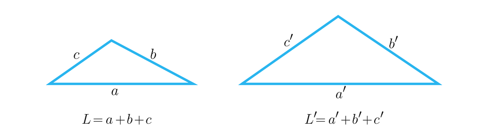 Ilustracja przedstawia dwa trójkąty. Pierwszy o bokach a b oraz c. Obwód pierwszego trójkąta  zapisano równaniem L, równa się, a, plus, b, plus, c. Drugi o bokach a prim b prim c prim. Obwód drugiego trójkąta zapisano równaniem L, równa się, a prim, plus, b prim, plus, c prim