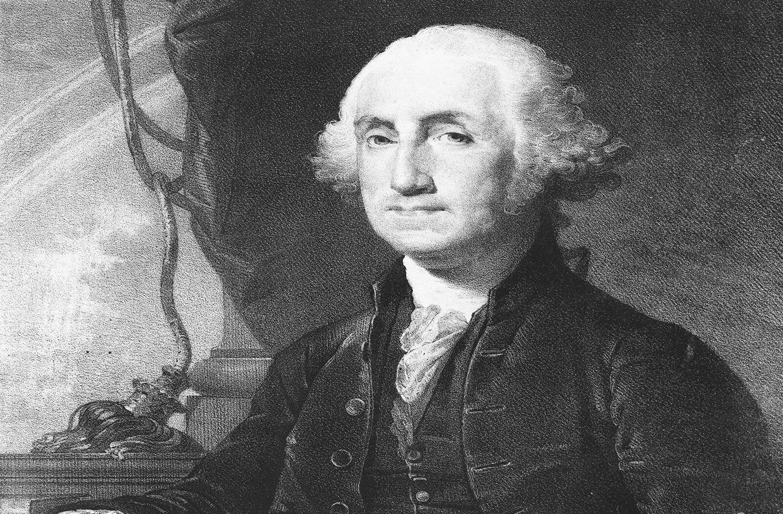 Czarno białe zdjęcie przedstawia byłego prezydenta Stanów Zjednoczonych Jerzego Waszyngtona. Było ono wykonane, gdy mężczyzna był już w podeszłym wieku. Jest krótko ogolony, ma wysokie czoło i długie, choć przerzedzone loki. Ubrany jest w czarny frak, czarną kamizelkę i białą koszulę. Jego sylwetkę widzimy od pasa w górę, najpewniej w pozycji siedzącej.