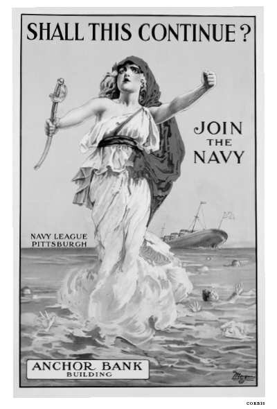 Plakat propagandowy. Na powierzchni morza stoi młoda kobieta w zwiwenej sukni do kostek. W prawej ręce trzyma szablę. lewą wyciąga w kierunku widza. Za jej plecami widać tonący statek i topiących się ludzi.