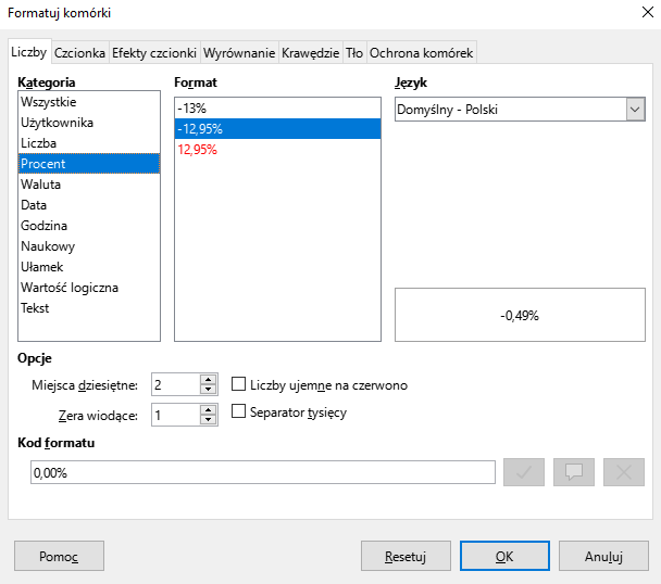 Ilustracja przedstawia otwarte okno programu zatytułowane Formatuj komórki. U góry na pasku zadań została wybrana opcja Liczby. Poniżej w opcji kategorie została wybrana opcja procent. Po prawej w opcji Format został wybrany minus 12,95%. Dalej po prawej w opcji język został wybrany domyślny Polski. Na dole w kategorii opcje w miejsca dziesiętne została wybrana liczba 2, a w opcji zera wiodące liczba 1. Na dole okna została wybrana opcja OK. 