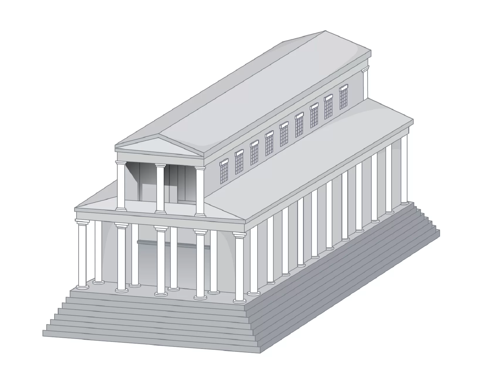 Ilustracja przedstawia komputerową rekonstrukcję budynku Basilica Porcia [czytaj: czytaj: bazilika porczia] w kolorze szaro‑białym. Budynek ten jest dwupiętrowy, w kształcie prostokąta. Całość budynku stoi na kilku wąskich schodach. Od przodu i boku podpierają go białe kolumny. Na górnym piętrze budynku od prawej strony znajduje się dziewięć okien z kratami. Budynek został przedstawiony na białym tle. 