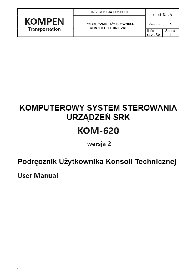 Ilustracja przedstawia stronę tytułową przykładowego podręcznika użytkownika konsoli technicznej. Jest on zatytułowany komputerowy system sterowania urządzeń es er ka.