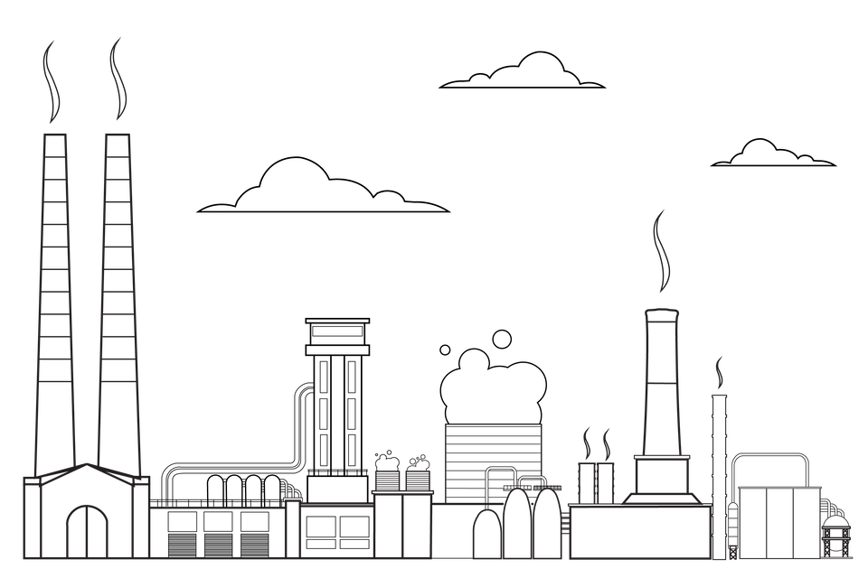 schemat przedstawia grafikę ukazującą hutę. Po lewej stronie widoczne są dwa wysokie kominy  przesuwając się w prawo widać zbiorniki o różnych kształtach i wysokości. Po prawej stronie przedstawiono cztery kominy różnej wysokości, ale wszystkie niższe niż te po lewej stronie 