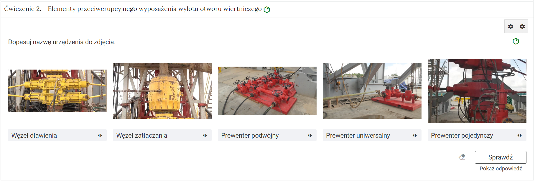 Na zdjęciu przedstawiono przykładowy widok rozwiniętego ćwiczenia.W górnej części zdjęcia znajduje się kolejny numer ćwiczenia wraz z jego tytułem oraz stopniem trudności. Przykładowo na zdjęciu całość brzmi: Ćwiczenie 1. Książki obiektu budowlanego. Z prawej strony widać żółty symbol o kształcie sześciokąta, którego prawa połowa jest wypełniona.Poniżej znajduje się polecenie do ćwiczenia. Przykładowo na zdjęciu: Wybierz odpowiedzi z listy, klikając w luki. Pod poleceniem widoczne jest zadanie. W tym przypadku są to cztery zdania z lukami do uzupełnienia. Pod zdaniami znajduje się lista odpowiedzi. Przykładowo zdanie drugie brzmi: Obowiązek prowadzenia 'Książki obiektu budowlanego' wynika z (miejsce do uzupełnienia).Dodatkowo w prawym górnym rogu rozwiniętego ćwiczenia widoczny jest ponownie symbol trudności zadania.W prawym dolnym rogu zdjęcia widoczny jest przycisk z napisem sprawdź, pod którym jest informacja uzupełniająca pokaż odpowiedź.