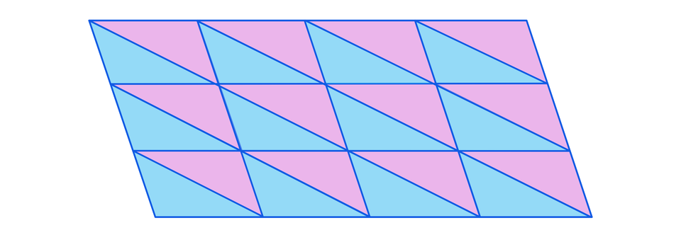 Na ilustracji przedstawiono parkiet w kształcie równoległoboku. Wypełniony jest trójkątami, na przemian niebieskimi i różowymi.