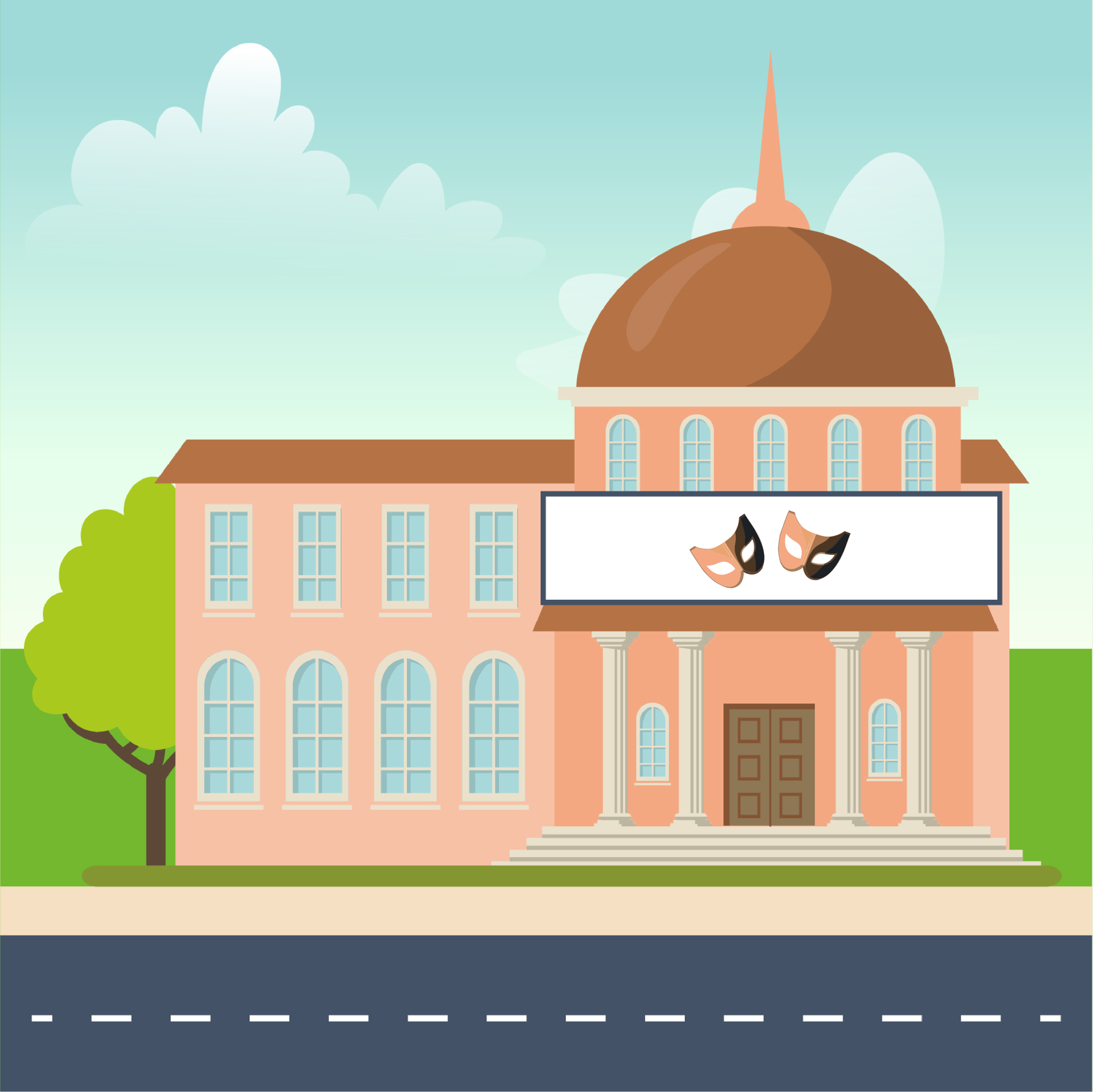 Ilustracja przedstawia wysoki budynek  teatru z kopułą i spiczastym wierzchołkiem. Nad wejściem, znajduje się baner z dwiema maskami karnawałowymi.  Do wejścia prowadzą szerokie schody. Po bokach znajdują się 4 filary. 
