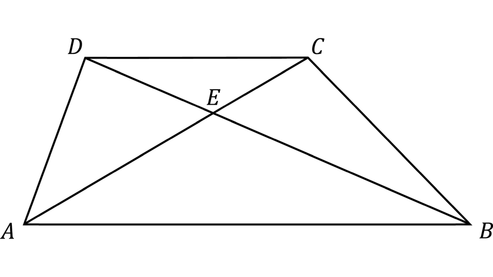 Na rysunku jest trapez ABCD o podstawach AB i CD, w którym narysowano obie przekątne. Punkt przecięcia przekątnych oznaczono literą E.