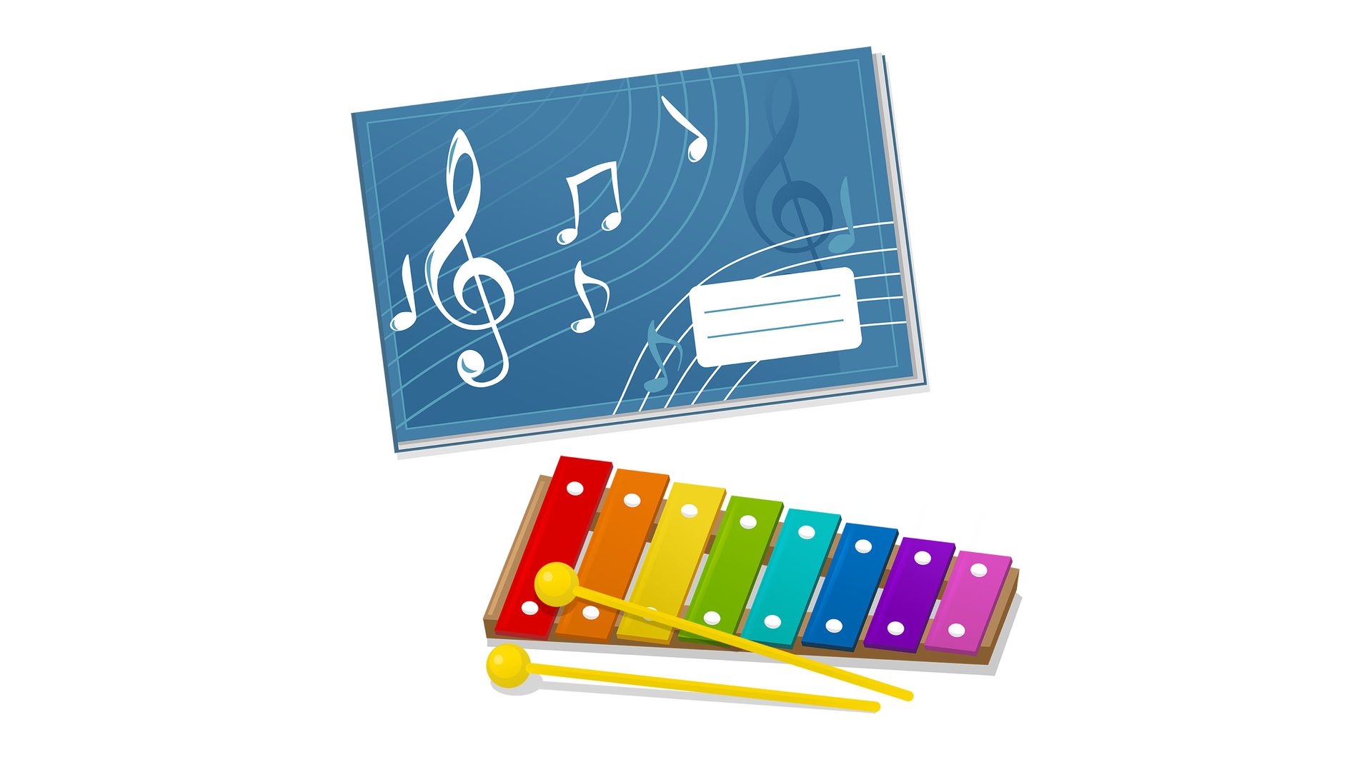 Ilustracja z cymbałkami i podłużnym zeszytem z okładką w nutki.