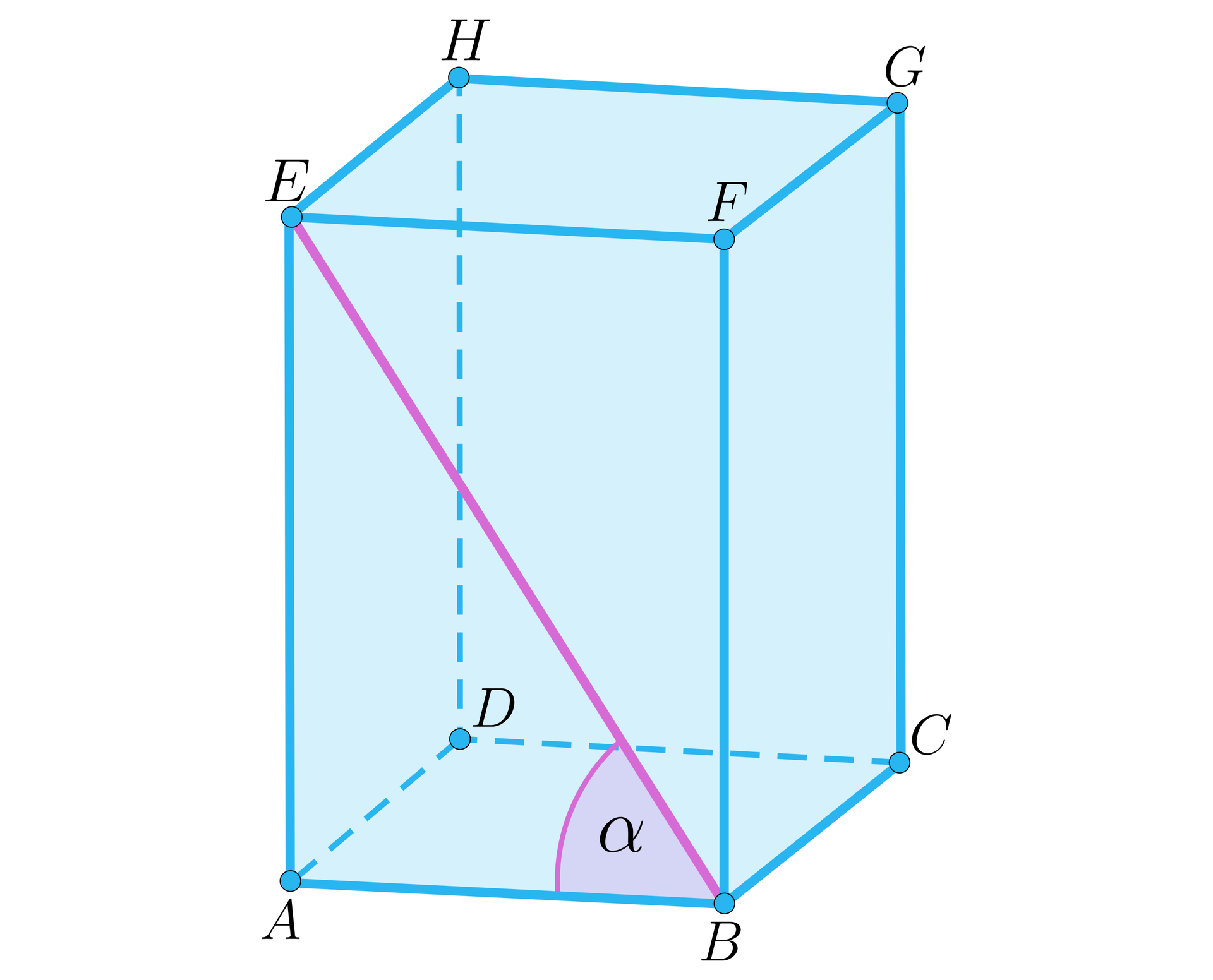 Ilustracja przedstawia prostopadłościan A B C D E F G H.  Zaznaczono na nim kąt A B E między przekątną ściany bocznej a krawędzią podstawy graniastosłupa.