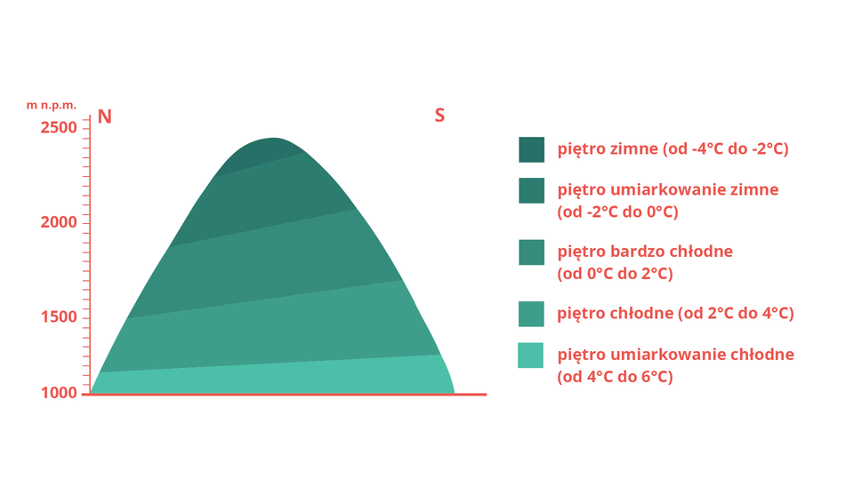 Grafika przedstawia piętra klimatyczne w Tatrach. Od 1000 występuje piętro umiarkowanie chłodne od 4 do 6 stopni Celsjusza. Następnie do około 1500 metrów występuje piętro chłodne od 2 do 4 stopni Celsjusza. Do 2000 metrów piętro bardzo chłodne od 0 do 2 stopni Celsjusza. Do około 2400 metrów piętro umiarkowanie zimne od minus 2 do 0 stopni Celsjusza. Do 2500 metrów piętro zimne od minus 4 do minus 2 stopni Celsjusza. Na stoku południowym granice między piętrami przebiegają wyżej niż na stoku północnym.