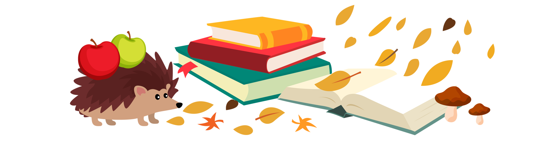 Ilustracja przedstawia widok kojarzący się z jesienią. Na środku leży stos trzech książek, a obok niego kolejna książka, rozłożona. Obok widać dwa niewielkie grzyby z brązowymi kapeluszami. Po lewej stronie stoi brązowy jeż, który niesie na grzbiecie dwa jabłka – czerwone i zielone. Jego wzrok skierowany jest w stronę książek. Obok jeża i nad książkami znajdują się różnokolorowe liście jesienne.