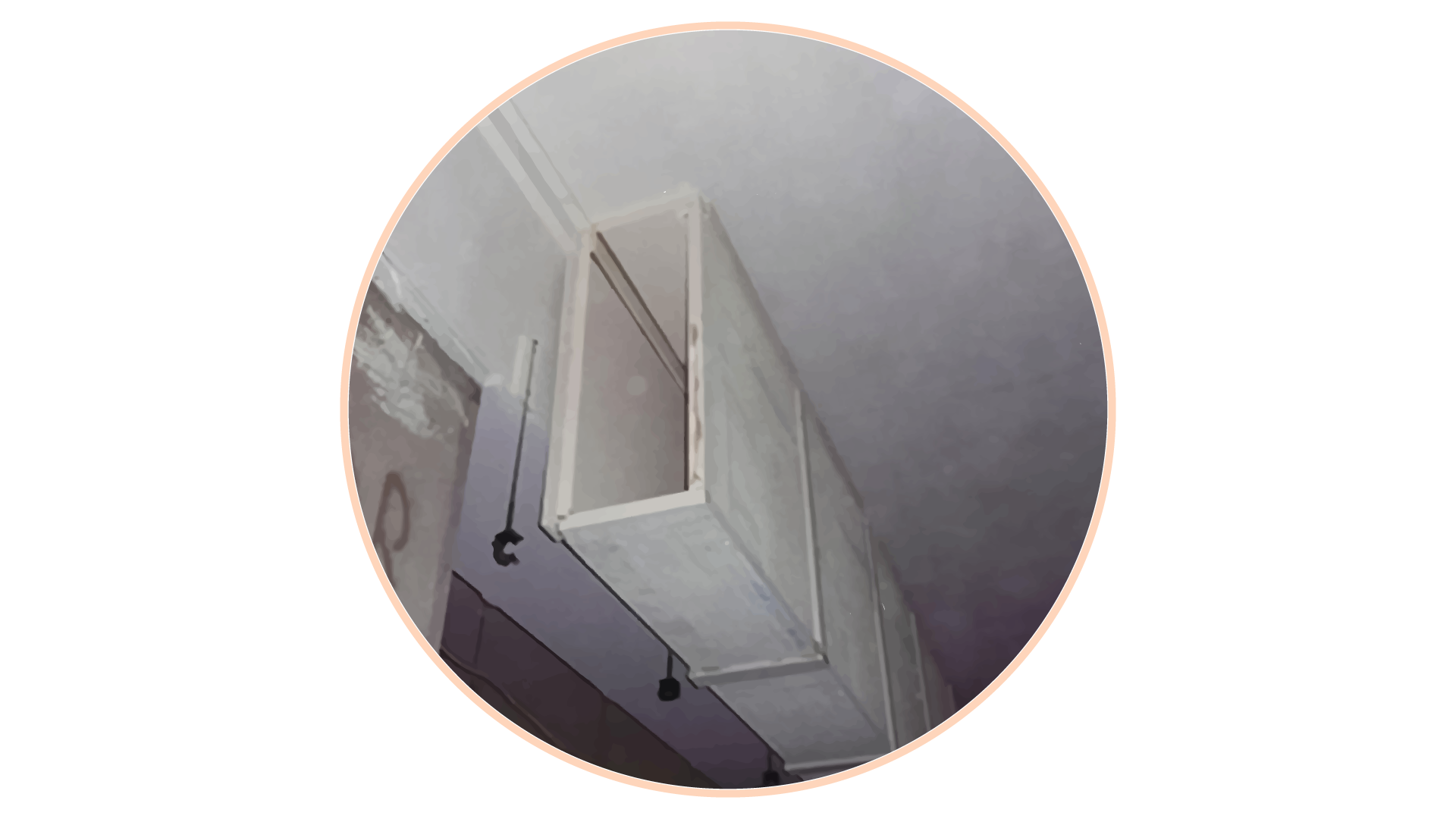 Grafika przedstawia błędnie wykonaną izolację ogniochronną kanału oddymiającego - brak warstwy wełny. Prostopadłościenny kanał biegnący przez wnętrze hali produkcyjnej jest betonowy i nagi, nieobłożony izolacją. 