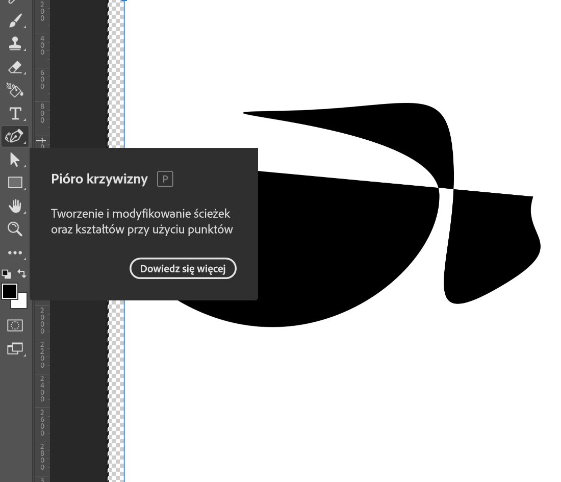 Grafika przedstawia zaznaczanie w programie CorelDRAW. Widoczny jest zrzut ekranu z menu bocznym programu, z czarnym kwadratem pośrodku menu, wchodzącym na białe pole robocze, z napisem Pióro krzywizny Tworzenie i modyfikowanie ścieżek oraz kształtów przy użyciu punktów. Na białym panelu roboczym rysunek złożony z czarnego półkola i dwóch nieregularnych figur.