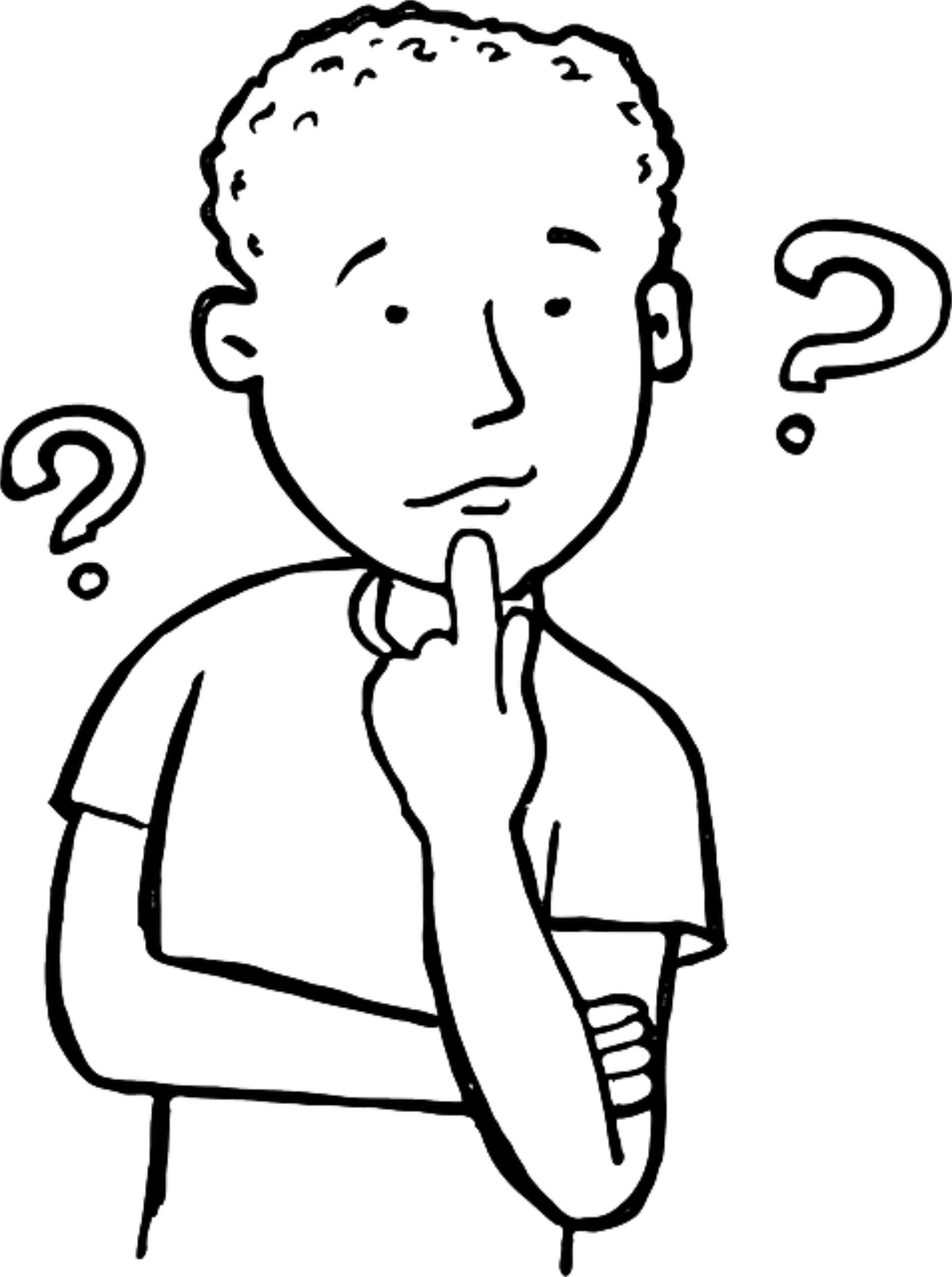 Na ilustracji znajduje się rysunek chłopca w podkoszulce. Wskazującym palcem lewej ręki podpiera brodę. Obok niego po prawej i lewej stronie znaki zapytania.