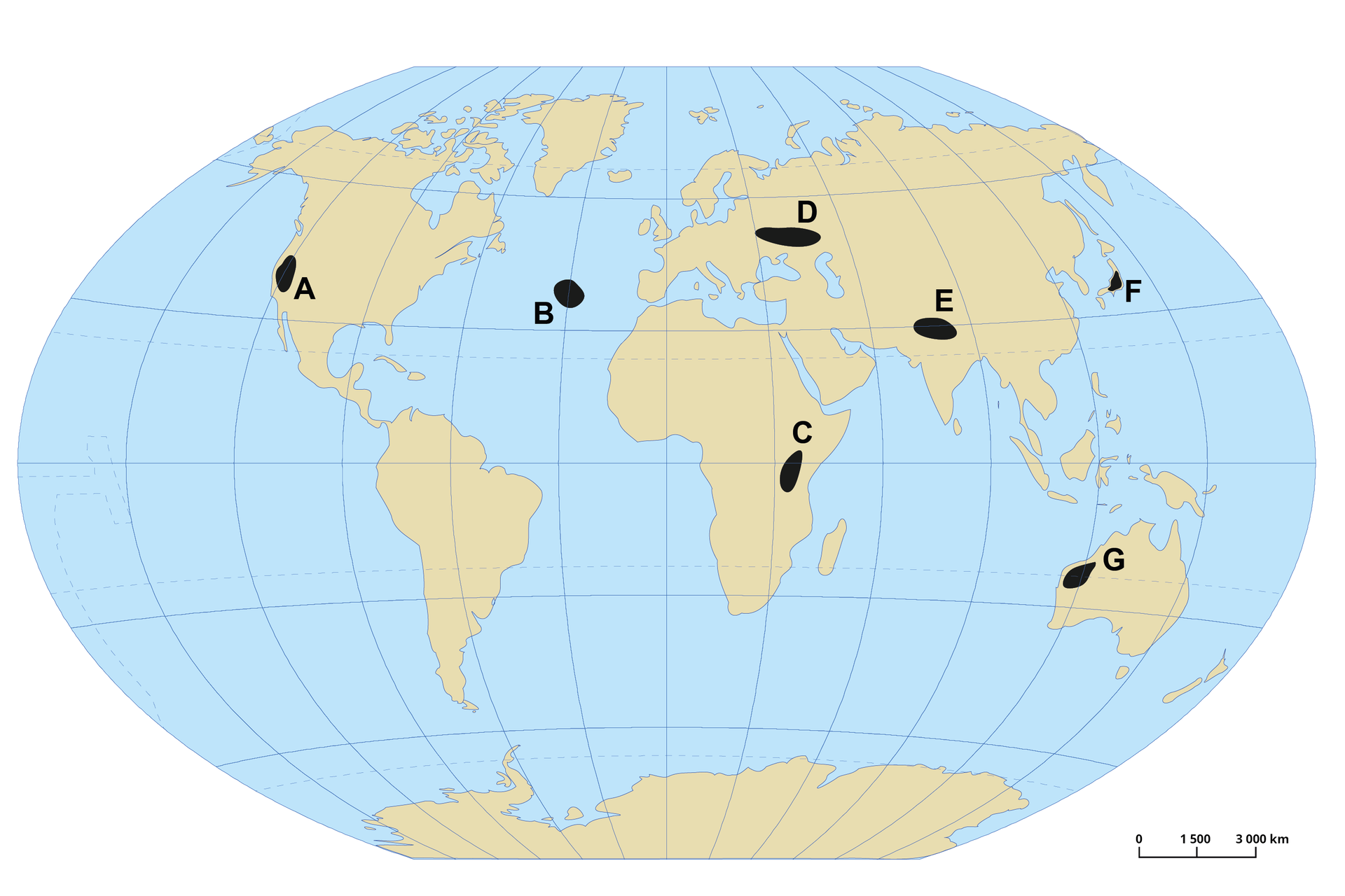 Mapa świata przedstawia zaznaczonych siedem obszarów. Punkt A znajduje się na zachodzie Ameryki Północnej. Punkt B znajduje się na środku Oceanu Atlantyckiego. Punkt C znajduje się na wschodzie Afryki. Punkt D znajduje się nad Morzem Czarnym. Punkt E znajduje się nad Indiami. Punkt F znajduje się w Japonii. Punkt G znajduje się w zachodniej Australii.