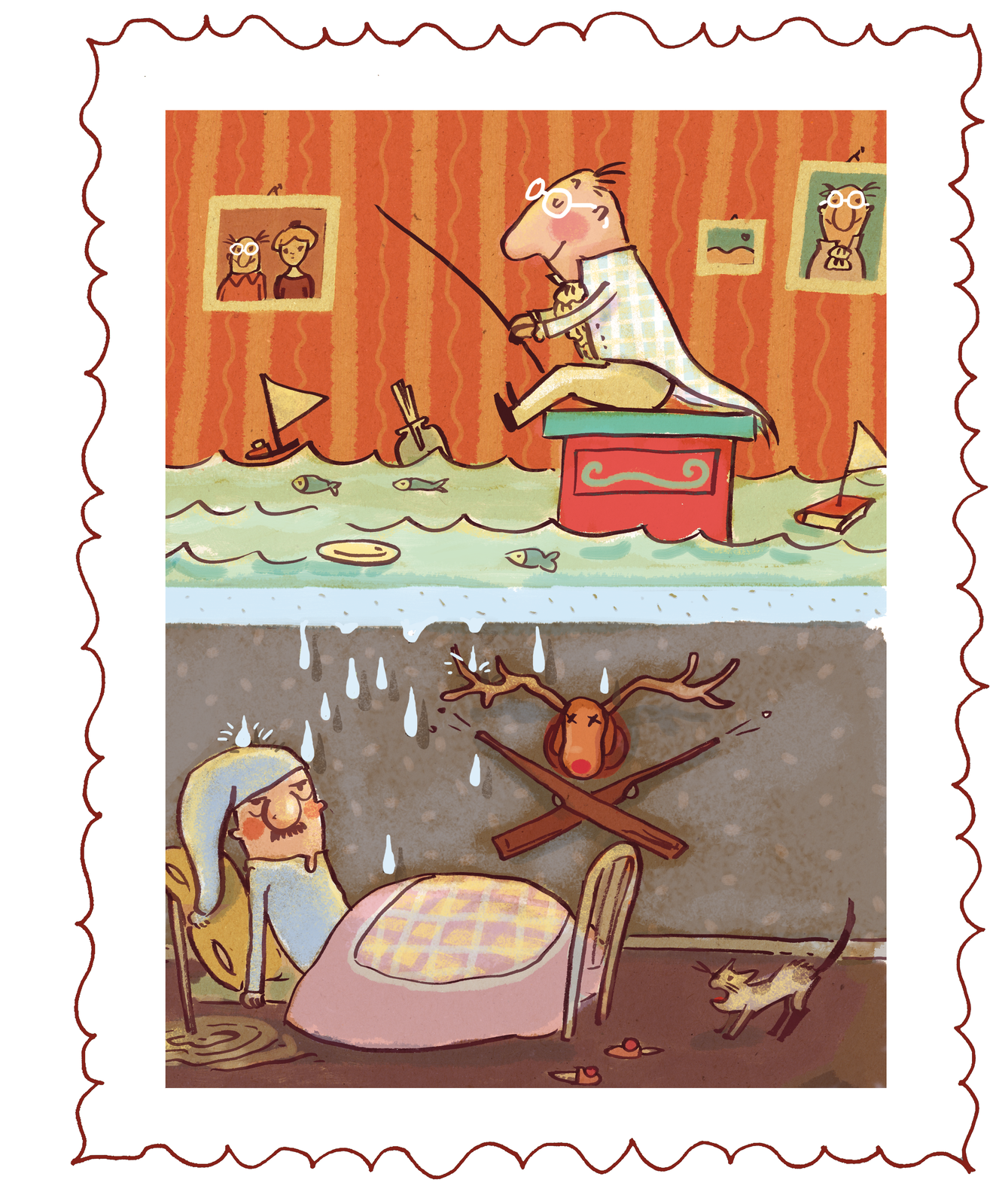 Kliknij, aby powiększyć Ilustracja przestawia dwa kadry. Na jednym mężczyznę, który siedzi na komodzie z wędką i łowi ryby w pokoju. Ma na sobie białe okulary, jasny surdut w kratkę, żółtą koszulę z żabotem, żółte spodnie i czarne buty. W rękach trzyma czarną wędkę. Pokój zalany jest wodą, w której pływają ryby, na powierzchni unoszą się książka z żaglem i różne przybory. Na ścianach w żółto‑pomarańczowe paski wiszą obrazki – jeden przedstawia mężczyznę i kobietę, drugi piaszczyste wydmy i słońce, trzeci portret mężczyzny. W drugim kadrze, pod spodem, widać, jak z górnego kadru woda kapie na mężczyznę leżącego w łóżku. Ma na sobie błękitną szlafmycę i błękitną koszulę. Opiera się o żółtą poduszkę i jest przykryty różową kołdrą z kraciastą, biało‑żółtą narzutą. Na brązowej podłodze leżą brązowe kapcie z czerwonymi pomponami. Po prawej stronie jeży się szary kot. Na brudnoniebieskiej ścianie wisi poroże jelenia, a pod nim dwie skrzyżowane strzelby.