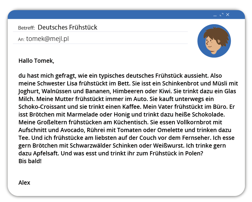 Ilustracja przedstawia interfejs poczty elektronicznej, gdzie widoczne jest okno z treścią wiadomości pod tytułem Ein typisches deutsches Frühstück. Tekst dostępny w transkrypcji poniżej. 