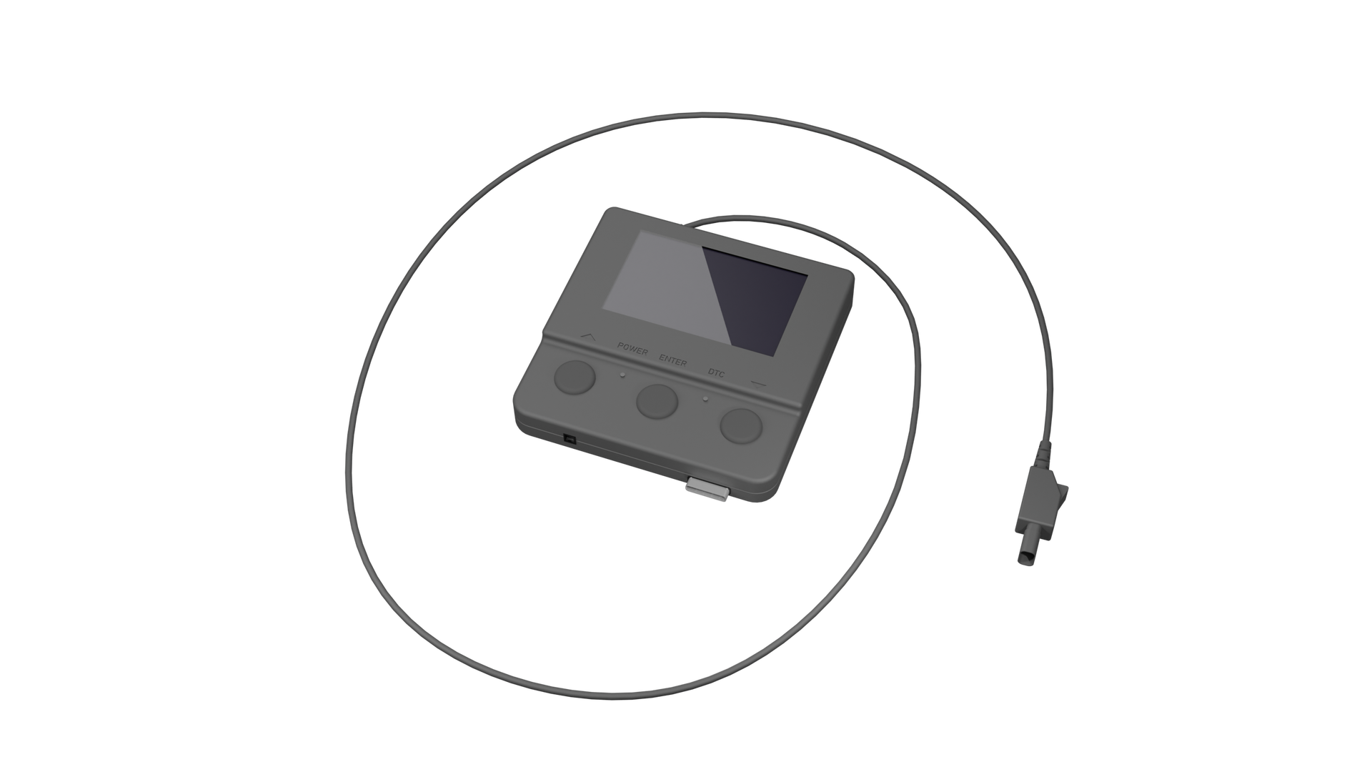 Na grafice przedstawiono diagnoskop. Jest to kwadratowe urządzenie z wyświetlaczem i przyciskami, do którego podłączony jest kabel z wtyczką.