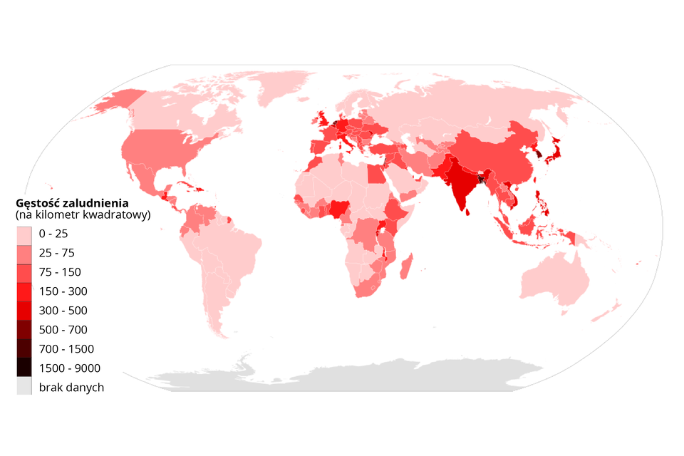 Na mapie świata zaznaczono gęstość zaludnienia w 2018 roku. Niska od zera do 25 osób na kilometr kwadratowy: Kanada, Grenlandia, Rosja, Skandynawia, Mongolia, Kazachstan, Turkmenistan, Arabia Saudyjska, Oman, większość krajów afrykańskich, Australia, Papua‑Nowa Gwinea, kraje Ameryki Południowej z wyjątkiem Ekwadoru, Kolumbii, Wenezueli, gdzie gęstość zaludnienia wynosi od 25 do 75 osób na kilometr kwadratowy oraz Gujany Francuskiej, w której gęstość zaludnienia wynosi od 75 do 150 osób na kilometr kwadratowy. W Europie dominuje gęstość zaludnienia od 75 do 150 osób na kilometr kwadratowy. Gęstość ta dotyczy także między innymi Chin, Indonezji, Malezji, Japonii, nieliczne kraje afrykańskie: Egipt, Etiopia, Kenia, Uganda, Nigeria, Ghana, Senegal, Maroko, Irak, Syria, Izrael, Jordan, Emiraty Arabskie, Gwatemala, Kostaryka, Kuba, Dominikana. Największą gęstość zaludnienia odnotowuje się w Bangladeszu - od 700 do 1500 osób na kilometr kwadratowy. W Korei Południowej od 500 do 700 osób na kilometr kwadratowy. W przedziale od 300 do 500 osób na kilometr kwadratowy: Indie, Wietnam. Pozostałe kraje: przedział od 25 do 75 osób na kilometr kwadratowy.       