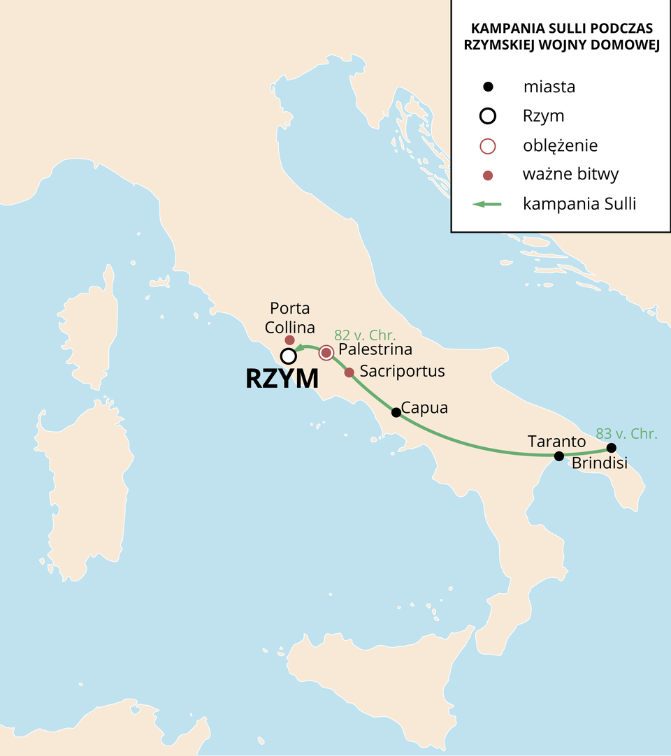 Mapa prezentuje przebieg kampanii Sulli podczas wojny domowej. Na mapie widoczny jest Półwysep Apeniński. Droga wojsk Sulli przebiegała od Brindisi w południowo‑wschodniej części półwyspu (83 rok przed naszą erą), w kierunku północno‑zachodnim - poprzez Taranto, Capuę, Sacriportus, Palestrinę (82 rok przed naszą erą) do Porta Collina i Rzymu. 