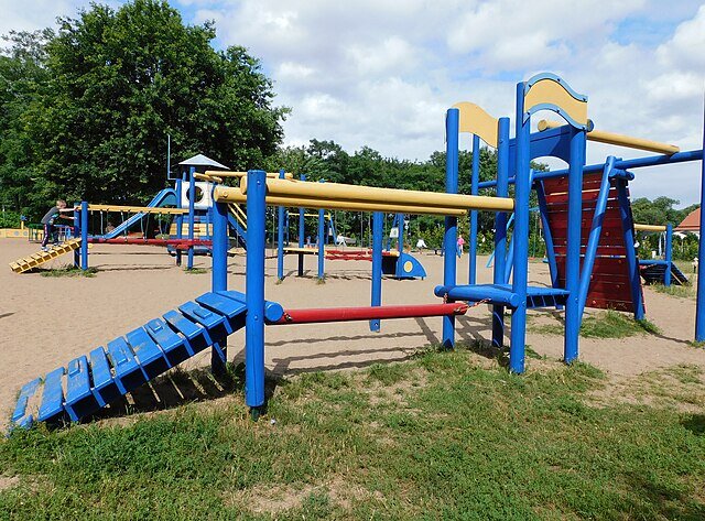 Zdjęcie przedstawia plac zabaw na świeżym powietrzu. Na piaszczystym podłożu stoją metalowe konstrukcje w kolorach niebieskim i żółtym: drabinki, poręcze, elementy do wspinania oraz ukośna, niebieska kładka z desek. W tle widać drzewa i fragmenty innych urządzeń placu zabaw pod pochmurnym niebem.