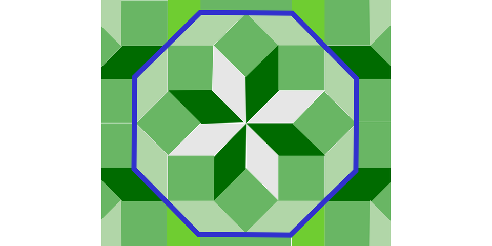 Ilustracja przedstawia mozaikę w kształcie ośmiokąta foremnego. Składa się z 8 kwadratów oraz 16 rombów. Boki figur są równe. 