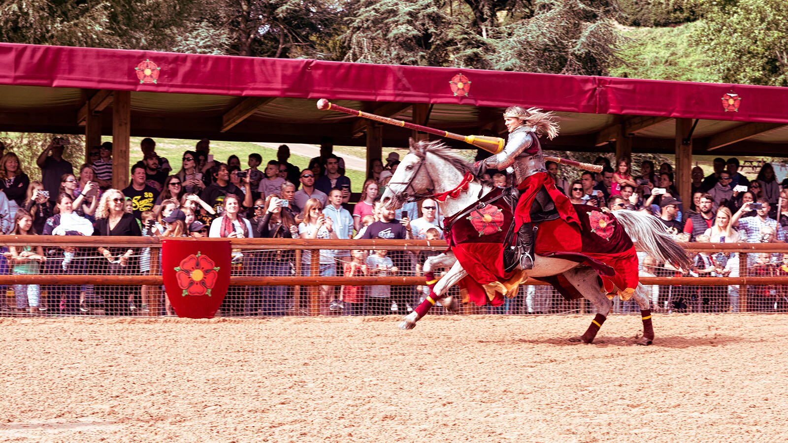 Zdjęcie przedstawia rekonstrukcję średniowiecznego konkursu rycerskiego. Ujęcie ukazuje osobę w pełnej zbroi jadącą na koniu, prawą ręką trzymającą kopię.