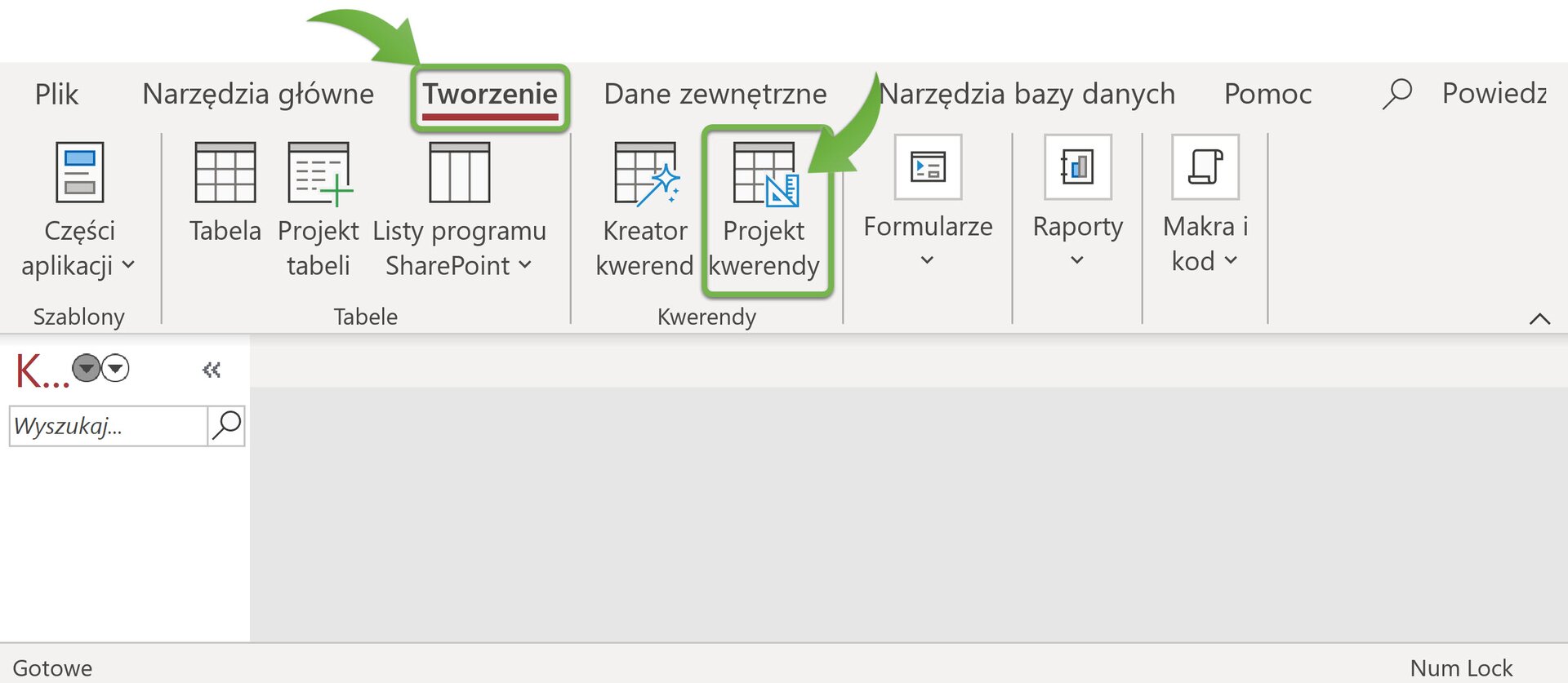 Ilustracja przedstawia zdjęcie ekranu z programu microsoft access.Pokazano menu wstążki na górze z następującymi opcjami Plik, Narzędzia główne, Tworzenie, Dane zewnętrzne, Narzędzia bazy danych oraz Pomoc.Wybrano i oznaczono zielonym prostokątem zakładkę Tworzenie.Widoczne możliwe czynności pod menu wstążki są podzielone na kategorie. Szablony zawiera Część aplikacji,  Tabele zawiera Tabela, Projekt tabeli, Listy programu SharePoint, Kwerendy zawiera Kreator kwerend oraz oznaczony zielonym prostokątem Projekt kwerend. Bez kategorii ustawione na końcu są Formularze, Raporty oraz Makra i kod.