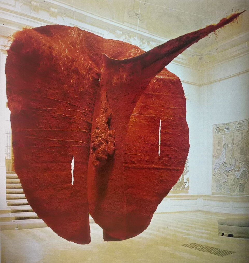 Fotografia przedstawia dzieło uchwycone na tle pomieszczenia o jasnej posadzce oraz białych ścianach. Dzieło zdaje się unosić nad posadzką. Jest czerwone, z elementami czerni, o chropowatej, nierównej oraz pomarszczonej powierzchni. Jego główną część stanowi kształt przypominający pofalowany, nierówny okrąg z dwoma pionowymi przerwami w materiale – na dole, po lewej stronie, a także po prawej stronie w centrum. Na materiale widoczne są wypukłe, horyzontalne linie, a także, głównie u góry, fakturę przypominającą pierze. Pośrodku dzieła widoczny jest wypukły, wystający element przypominający długi, cienki ptasi dziób. Jest wykonany z takiego samego materiału, co reszta dzieła, widoczne są na nim jednak czarne fragmenty. Jego koniec jest spiczasty, a przy nasadzie, z boku, znajdują się nieregularne, chropowate wypukłości. 