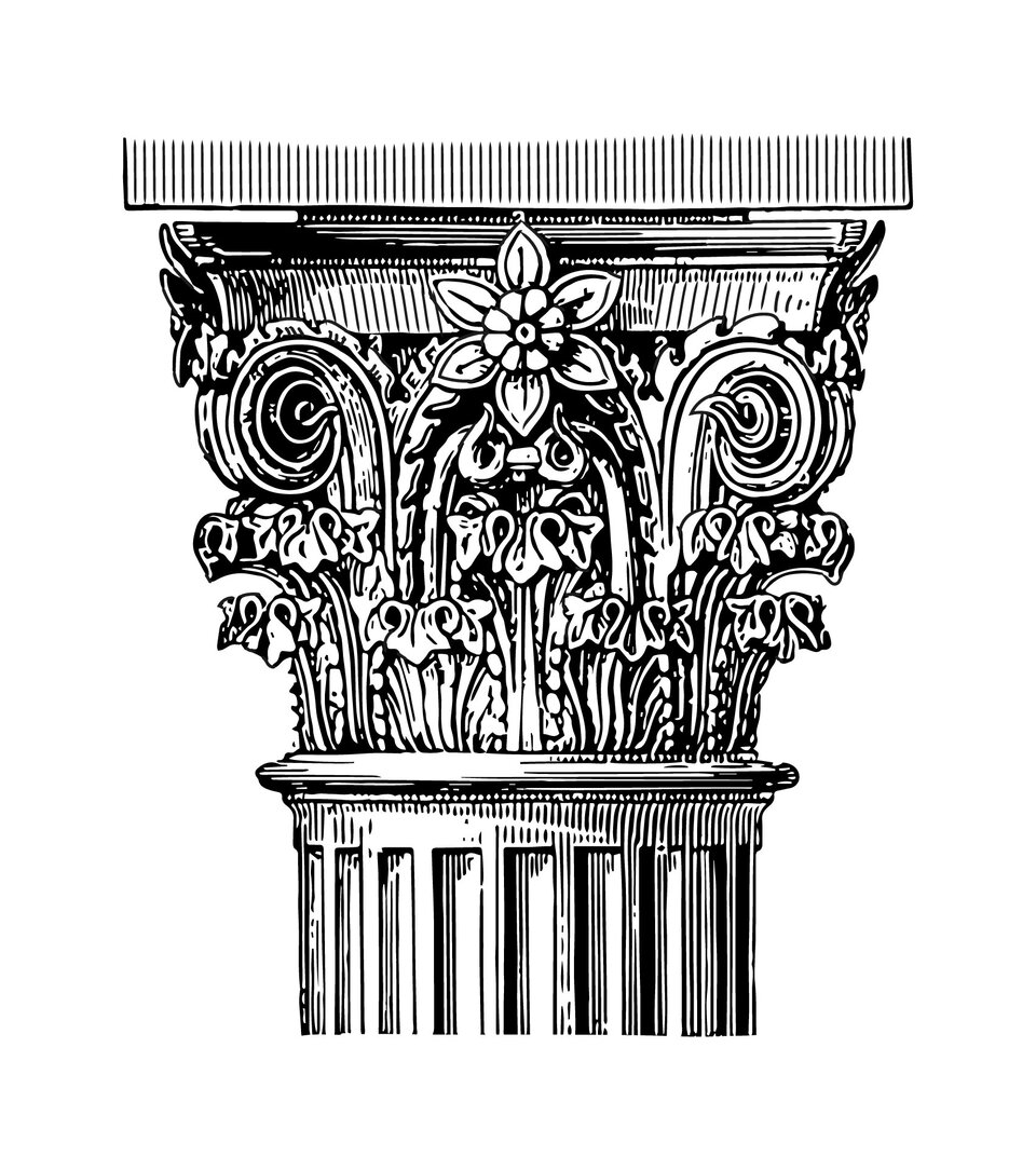 Czarno‑biała ilustracja przedstawia głowicę teodozjańską, która swoim wyglądem przypomina połączenie głowicy jońskiej z koryncką ale z większą ilością zdobień w postaci liści akantu. Ten element architektoniczny oparty został na czworokącie - trapezie, którego ściany zostały przyozdobione elementami wymodelowanymi na wzór liści akantu. Nad liśćmi umieszczone pod kątem zostały baranie rogi.