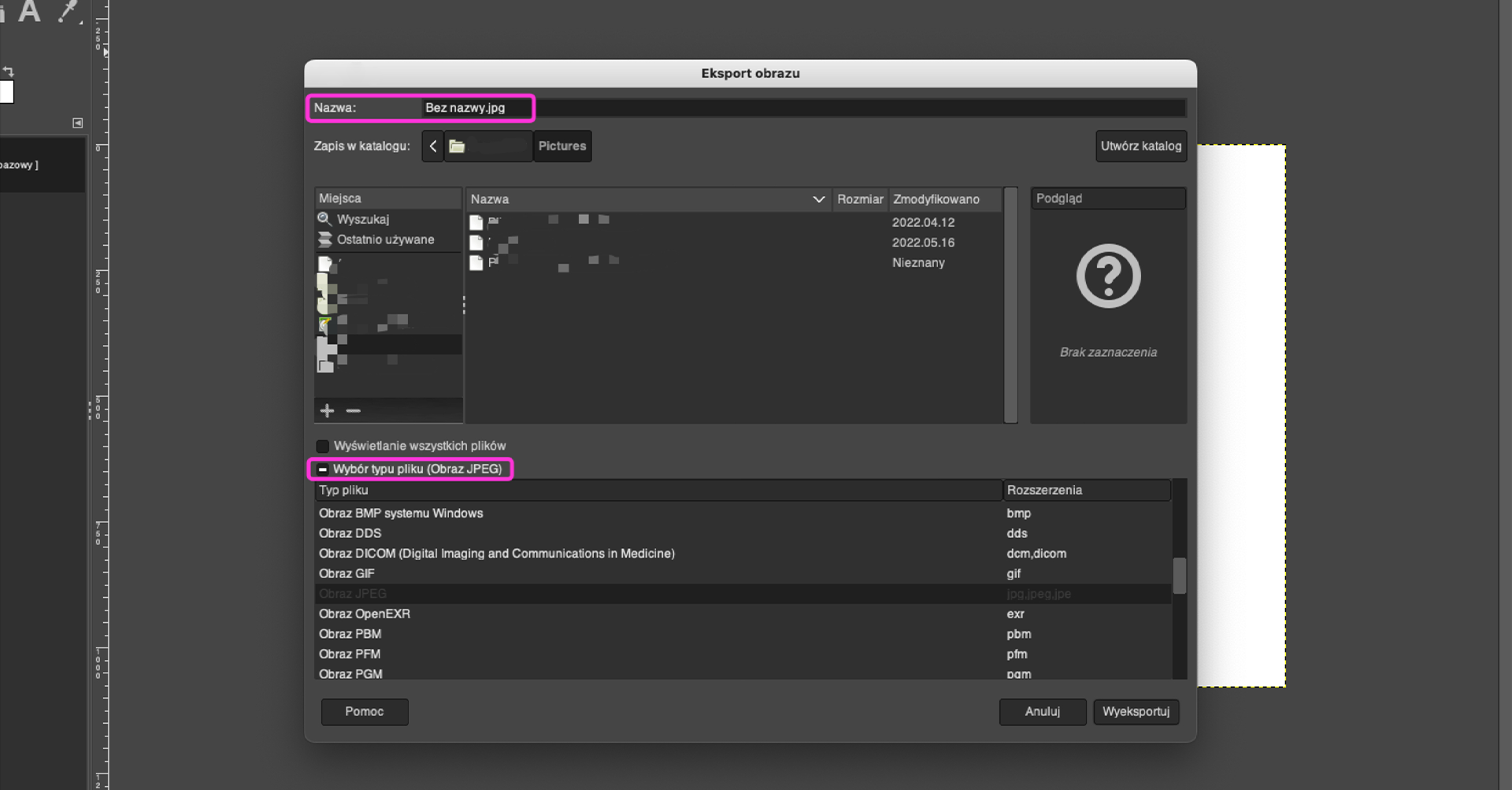 Ilustracja przedstawia okno programu. Tu okno dialogowe o nazwie: Eksport obrazu. Wyróżniono opcję: Nazwa - Bez nazwy.jpg oraz Wybór typu pliku (Obraz JPEG).