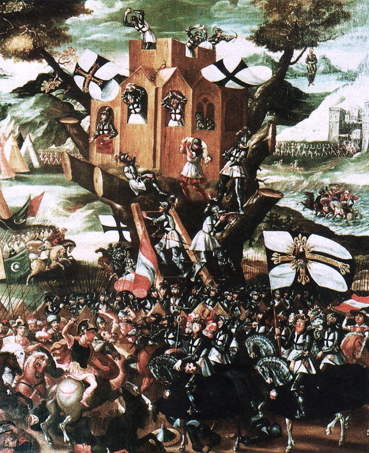 Grafika przedstawia tłum ludzi na koniach, ubranych w zbroje i hełmy. Niektórzy trzymają flagi. Na środku zdjęcia jest drzewo, na którym stoi drewniany dom. W oknach stoją mężczyźni w zbrojach. Na dachu domku stoją rycerze w zbrojach krzyżackich. Strzelają z łuku i rzucają kamieniami w tłum ludzi. Po prawej stronie wisi człowiek na drzewie, ma linę na szyi. Po lewej stronie są namioty. W oddali znajduje się most, góry i woda.