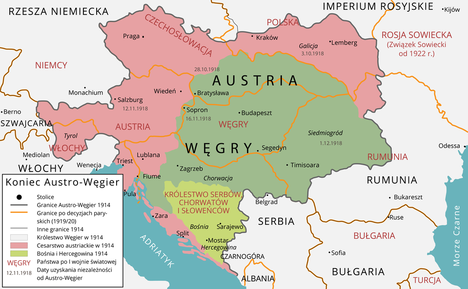Ilustracja przedstawia mapę Europy z oznaczonymi państwami. Na terenach byłych Austro‑Węgier z 1914 roku powstały: Republika Austrii, Królestwo Rumunii, Węgier oraz Republika Czechosłowacji