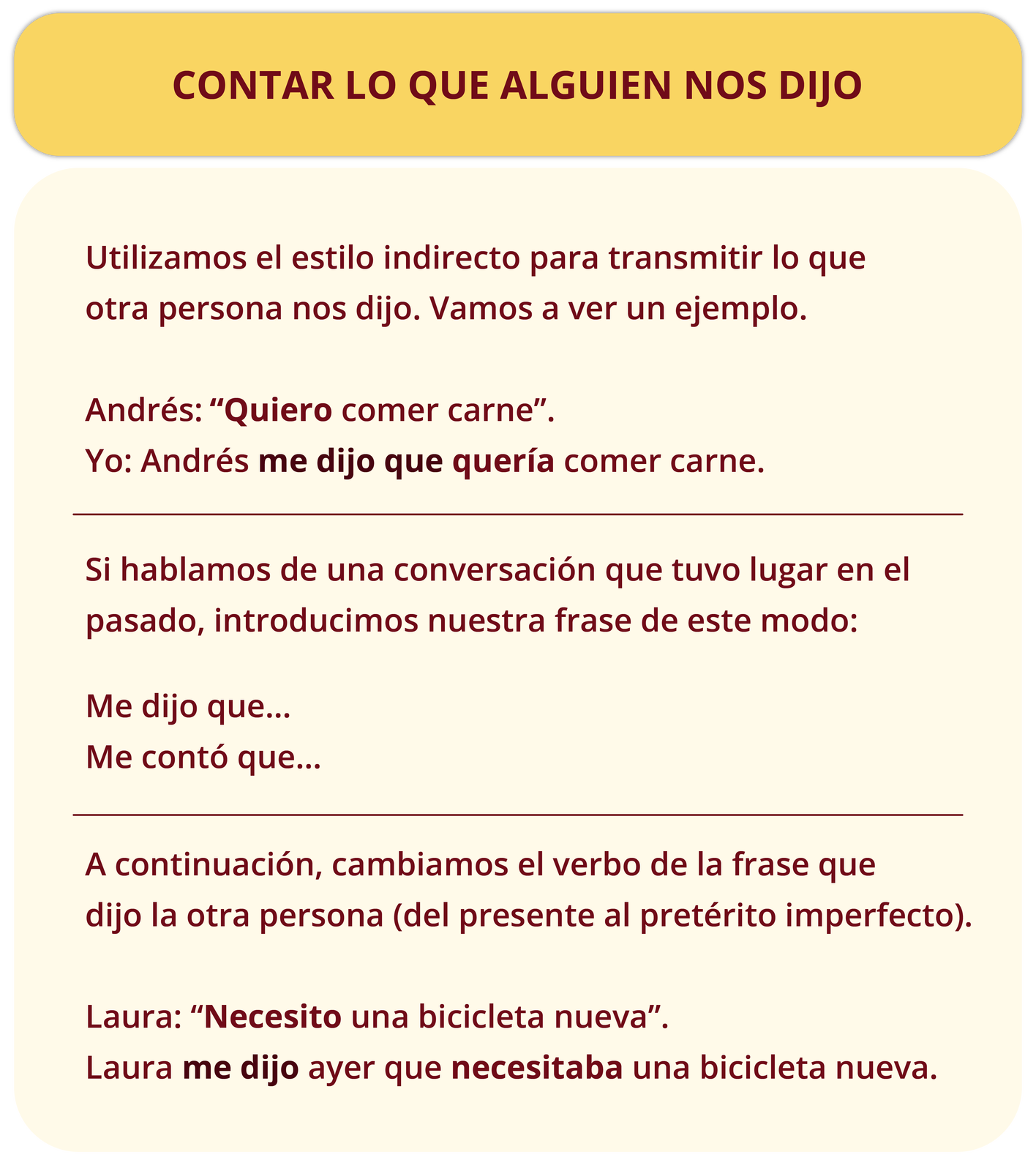 Nagłówek grafiki: CONTAR LO QUE ALGUIEN NOS DIJO. Poniżej: Utilizamos el estilo indirecto para transmitir lo que otra persona nos dijo. Vamos a ver un ejemplo. Andrés: “Quiero comer carne”. Yo: Andrés me dijo que quería comer carne. Si hablamos de una conversación que tuvo lugar en el pasado, introducimos nuestra frase de este modo: Me dijo que… Me contó que… A continuación, cambiamos el verbo de la frase que dijo la otra persona (del presente al pretérito imperfecto). Laura: “Necesito una bicicleta nueva”. Laura me dijo ayer que necesitaba una bicicleta nueva.