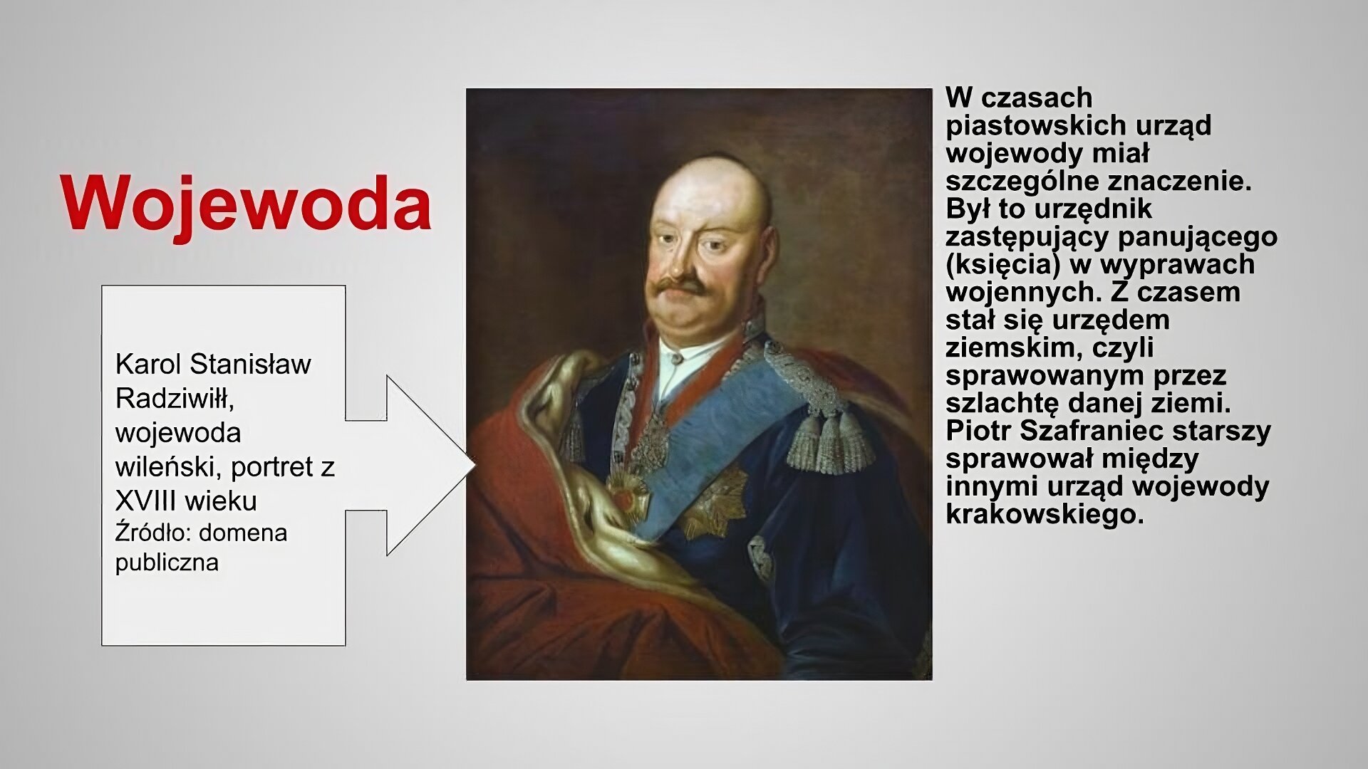 Slajd zatytułowany jest: Wojewoda. Napis wykonany jest czerwonymi literami na szarym tle. Po prawej stronie znajduje się napis: W czasach piastowskich urząd wojewody miał szczególne znaczenie. Był to urzędnik zastępujący panującego (księcia) w wyprawach wojennych. Z czasem stał się urzędem ziemskim, czyli sprawowanym przez szlachtę danej ziemi. Piotr Szafraniec starszy sprawował między innymi urząd wojewody krakowskiego. Napis wykonany jest czarnymi literami na szarym tle. Po lewej stronie znajduje się ilustracja. Ilustracja przedstawia pochodzący z XVIII w. portret wojewody Karola Radziwiłła. Został on sportretowany w mundurze, okryty fantazyjnie upiętym płaszczem. Przez pierś ma przewieszoną szarfę, spod której widoczna jest gwiazda orderowa. Wojewoda ma gładko wygoloną twarz ozdobioną wąsem. Ilustracja podpisana jest: Karol Stanisław Radziwiłł, wojewoda wileński, portret z XVIII wieku.