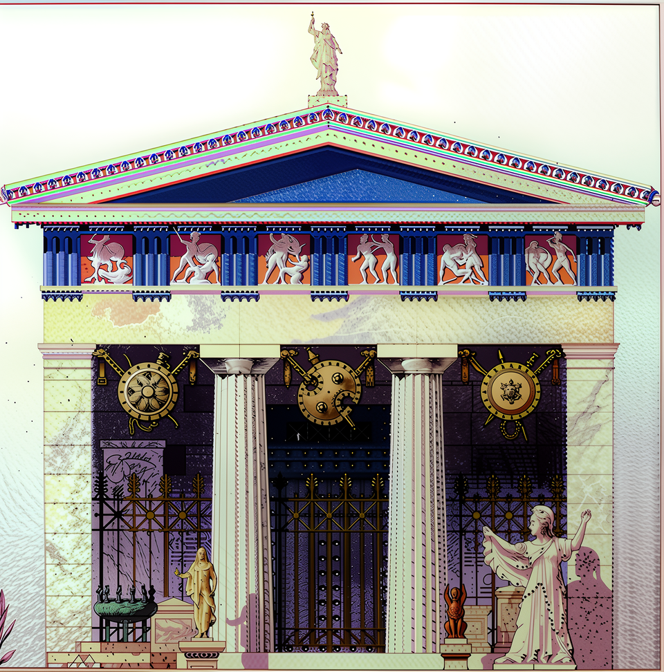 Rekonstrukcja Skarbca Ateńskiego z sanktuarium w Delfach. prócz typowych elementów jak fronton i kolumny są także dwie postacie ludzkie.