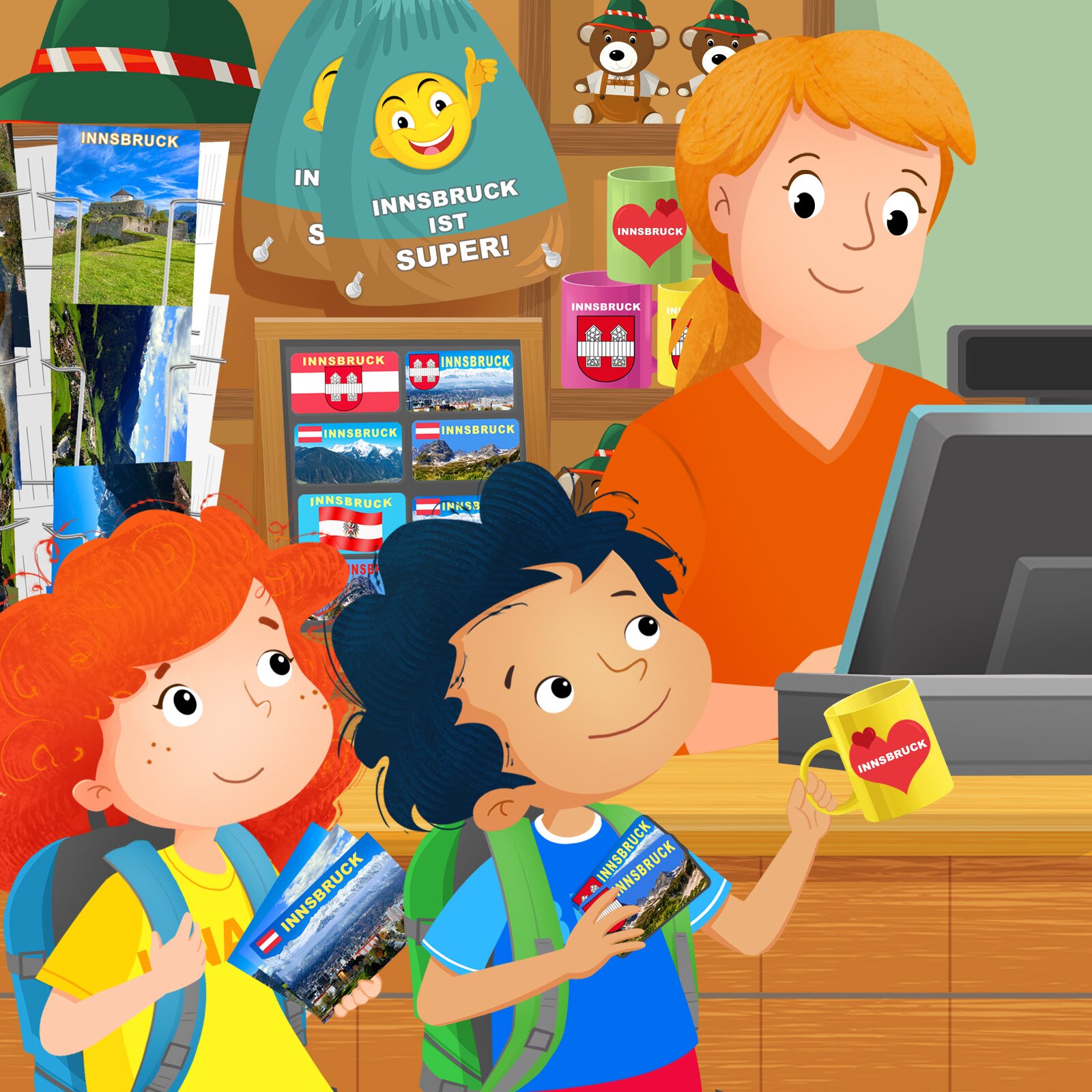 Ilustracja przestawia dwójkę dzieci kupujących pocztówki i kubek w sklepie z pamiątkami.  